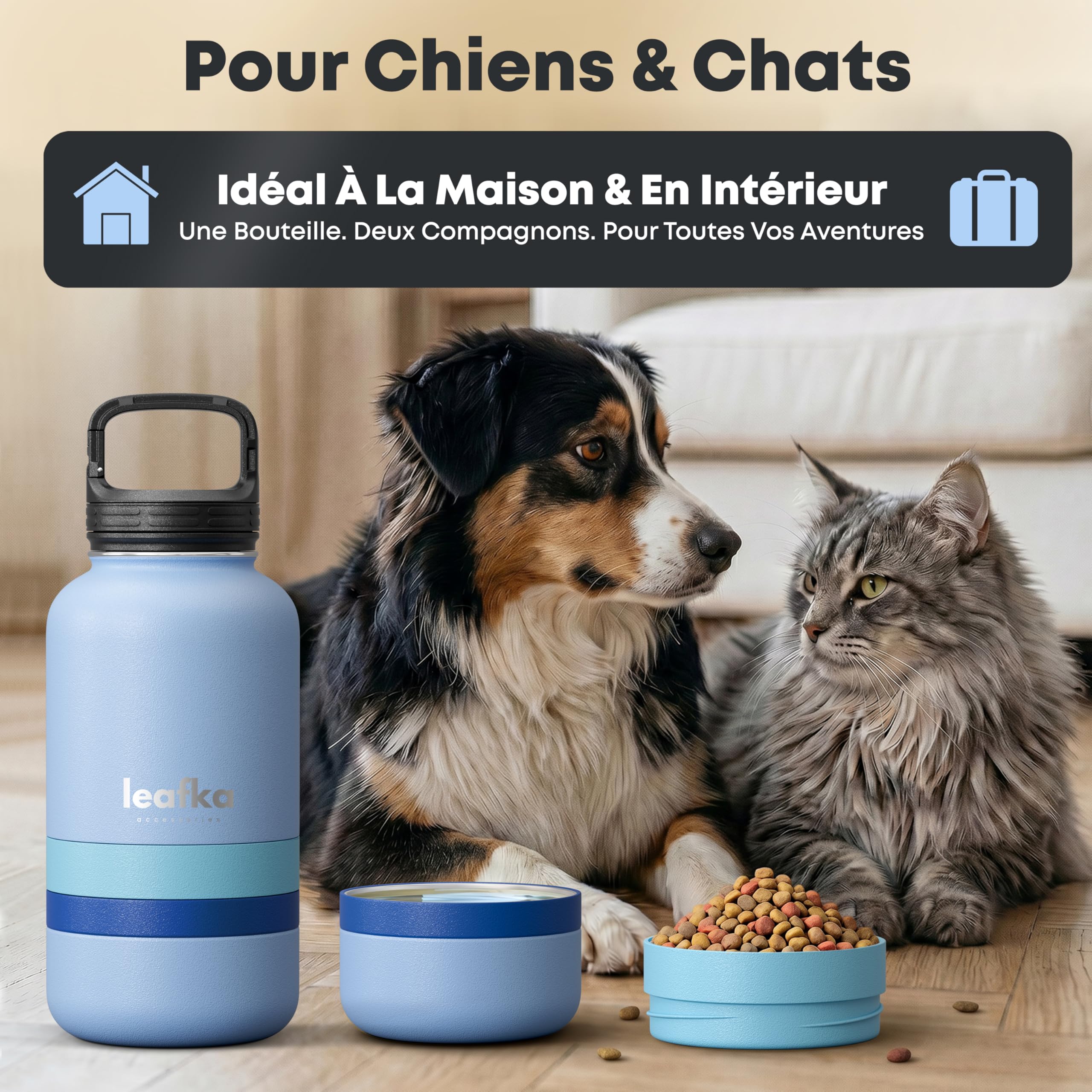 Bouteille pour Chien 3 en 1 avec Gamelle Eau et Compartiment Croquettes, Gourde de Voyage Portable pour Chien et Chat, Bouteille Transport Eau et Nourriture pour Animaux - 1L (Bleu)