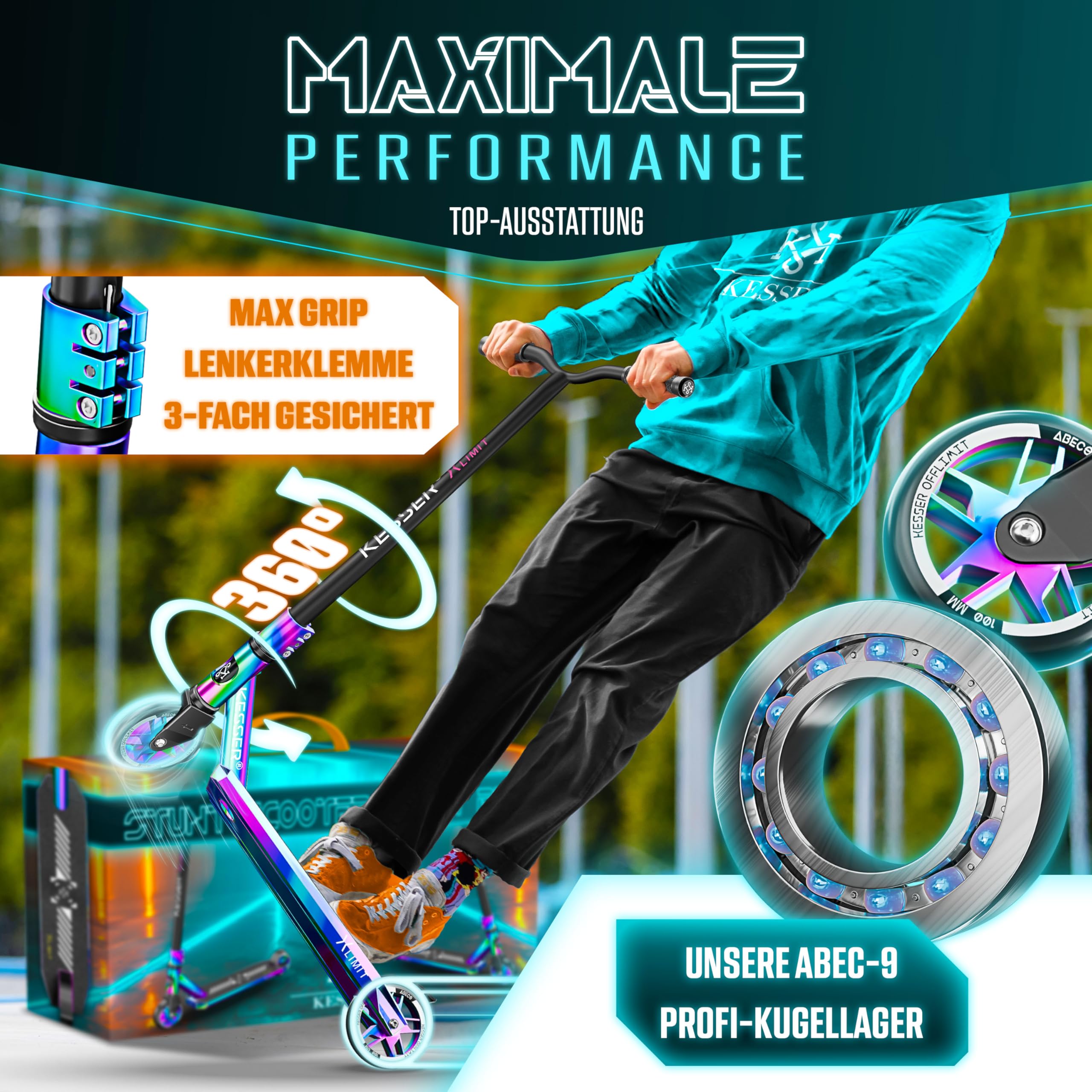 KESSER® Stunt Scooter X-Limit-Pro 360° Lenkung Funscooter Stuntscooter mit Ständer ABEC 9 Kugellagern, 110mm PU Räder, Kickscooter Tretroller Cityroller Trick Roller für Kinder Erwachsene