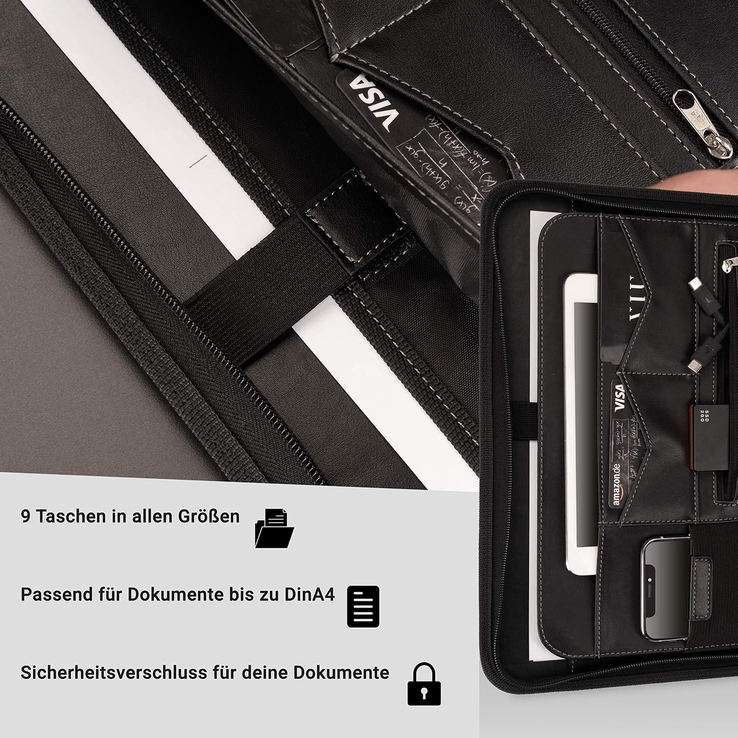 AZORIS Premium® Portfolio with Double Zipper and 13 inch Compartment for Tablet, IPad Professional PU-Leather Business Padfolio for Men and Women (Notebook and Gift Box not Included)