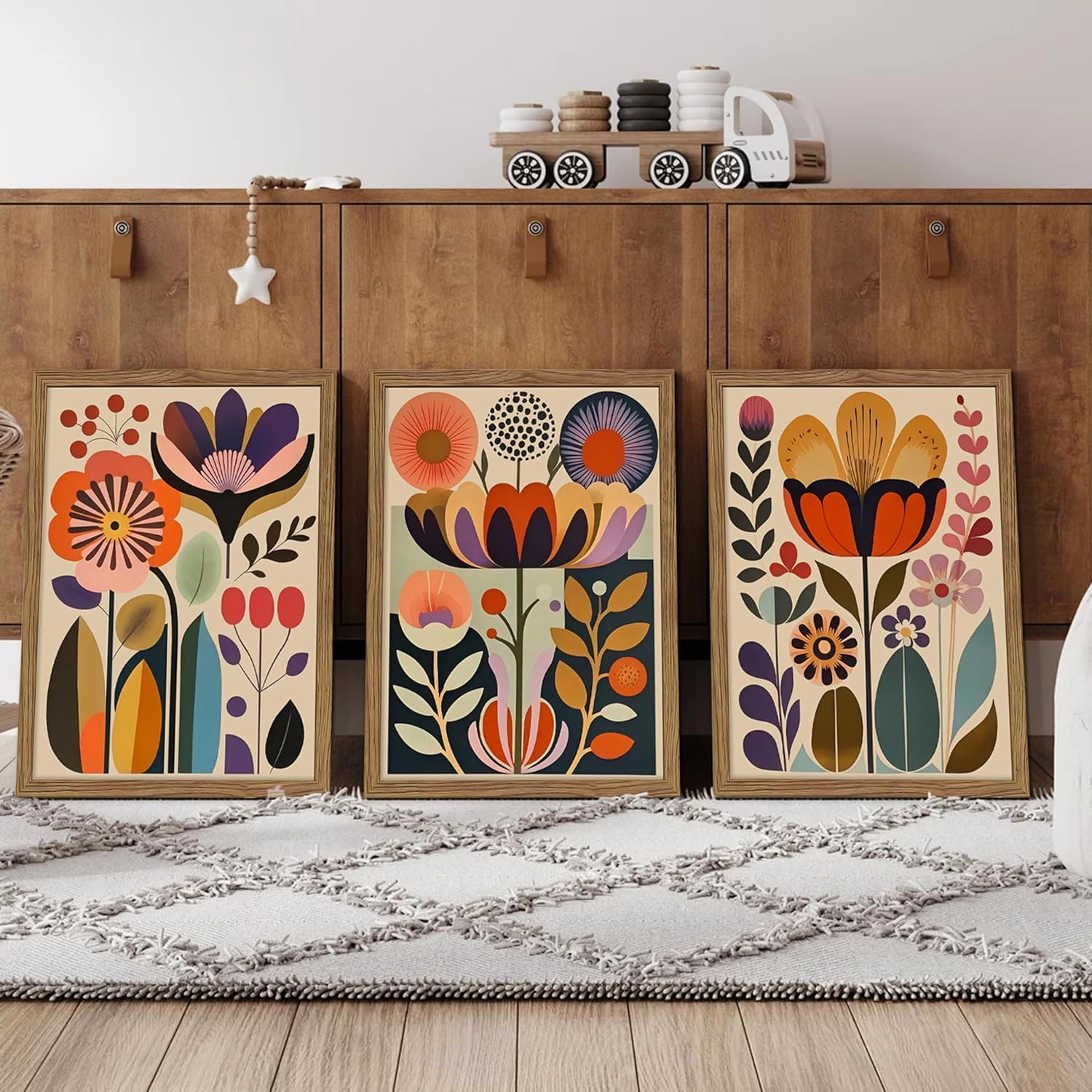 Framed Colorful Floral Wall Art Set of 3, Abstract Scandinavian Flower Canvas Wall Decor Paintings, Mid Century Modern Botanical Artwork Pictures Prints for Living Room Bedroom Dining Room 12x16 Inch
