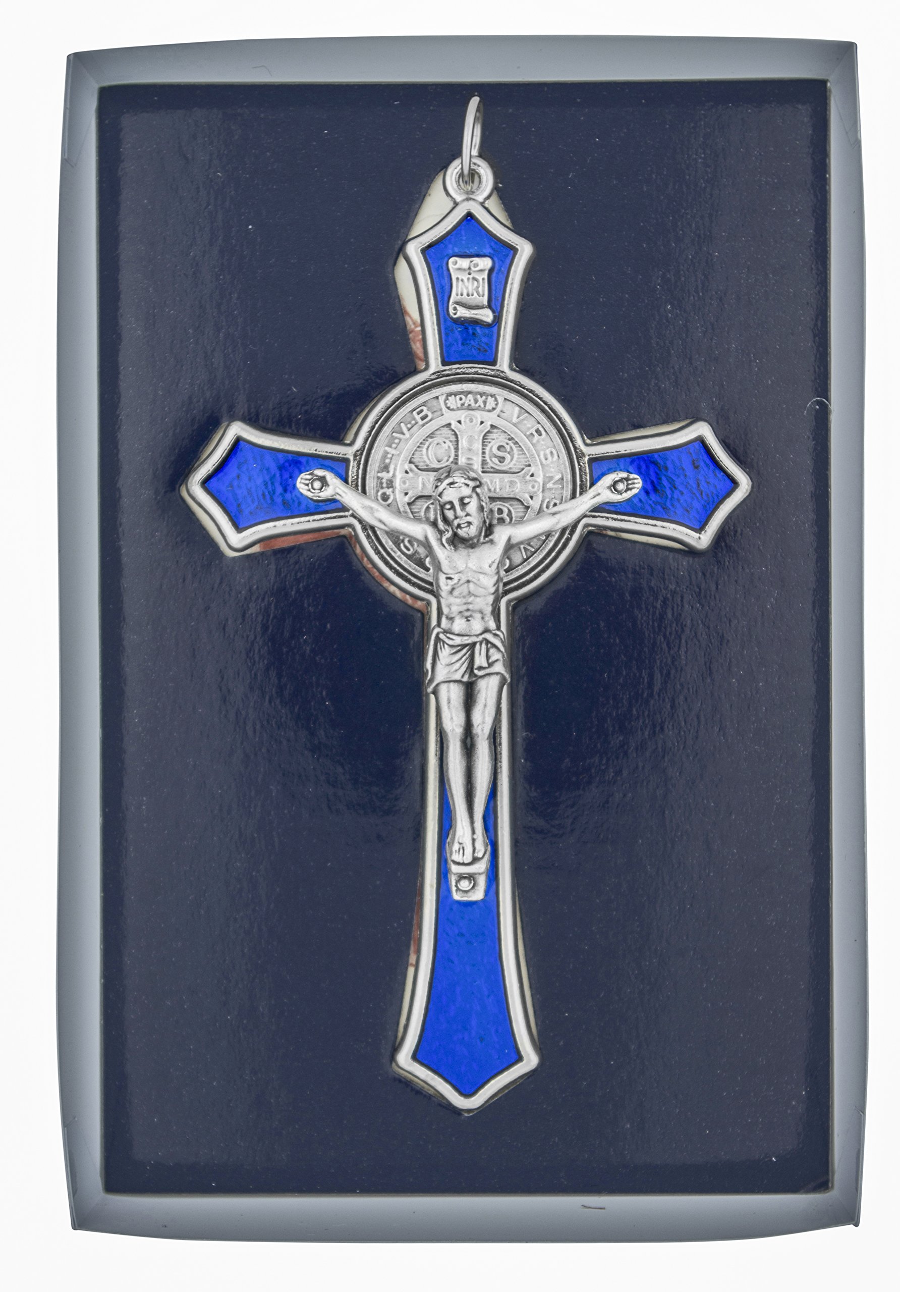 Large Saint Benedict Pectoral Cross with Colored Enamel (Blue)