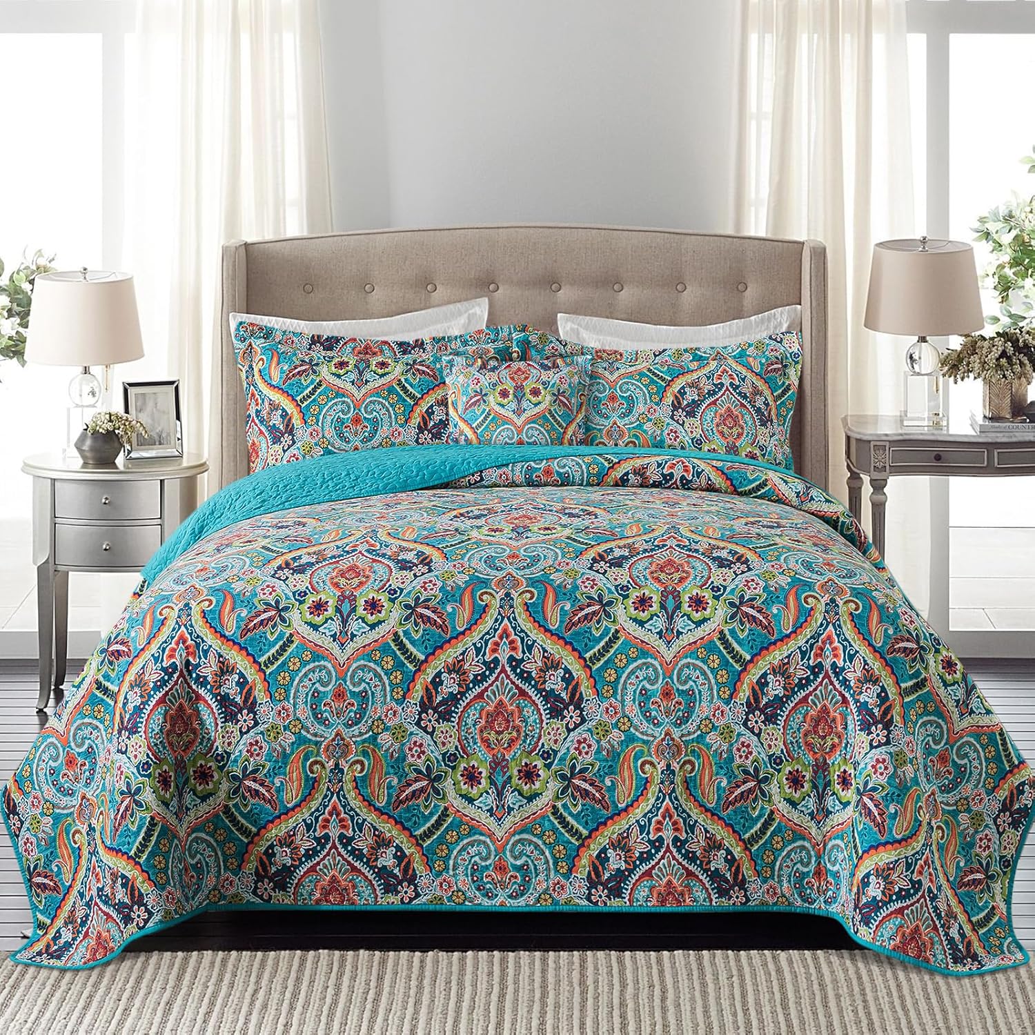 BEDIFANY Cotton Quilt King Size - Lightweight King Size Quilt Bedding Set for a Comfortable Sleep - Reversible Bedspread (98 * 106 in) with Boho Pattern, 3 Pieces