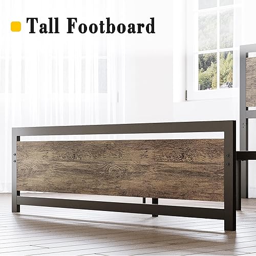 Miniatura 8 de LIKIMIO Base de cama King con cabecero y estribo, soportes fuertes de metal, fácil montaje, sin ruido, no necesita somier, nogal