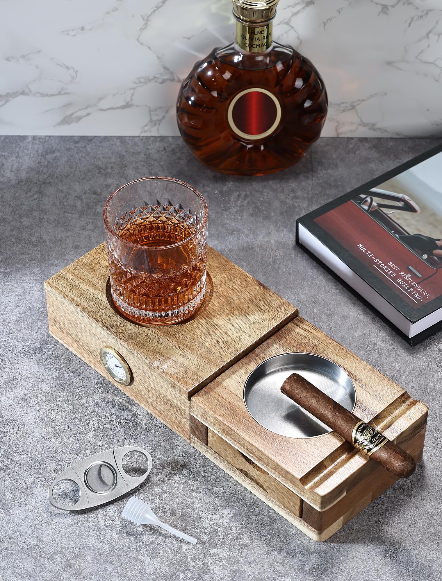 Joyoldelf Set di posacenere per sigari in legno massello, 5 in 1, con supporto per vino, umidificatore per sigari in cedro, posacenere in metallo, fessure, cassetto, accessori per sigari da uomo,