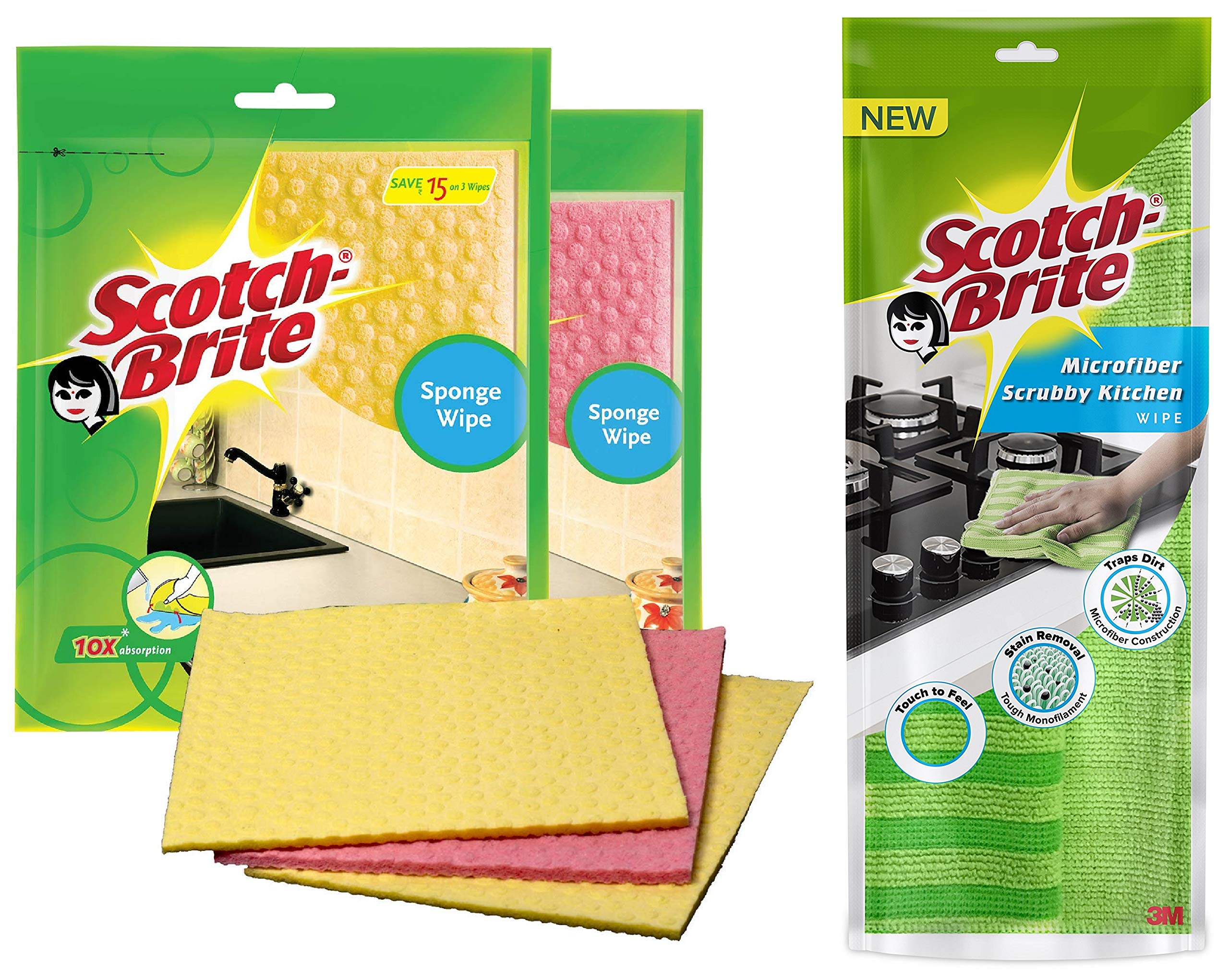 Scotch-Brite Sponge Wipe Resusable Kitchen Cleaning Sponge- Easy to use, Multi- Color & Biodegradabl