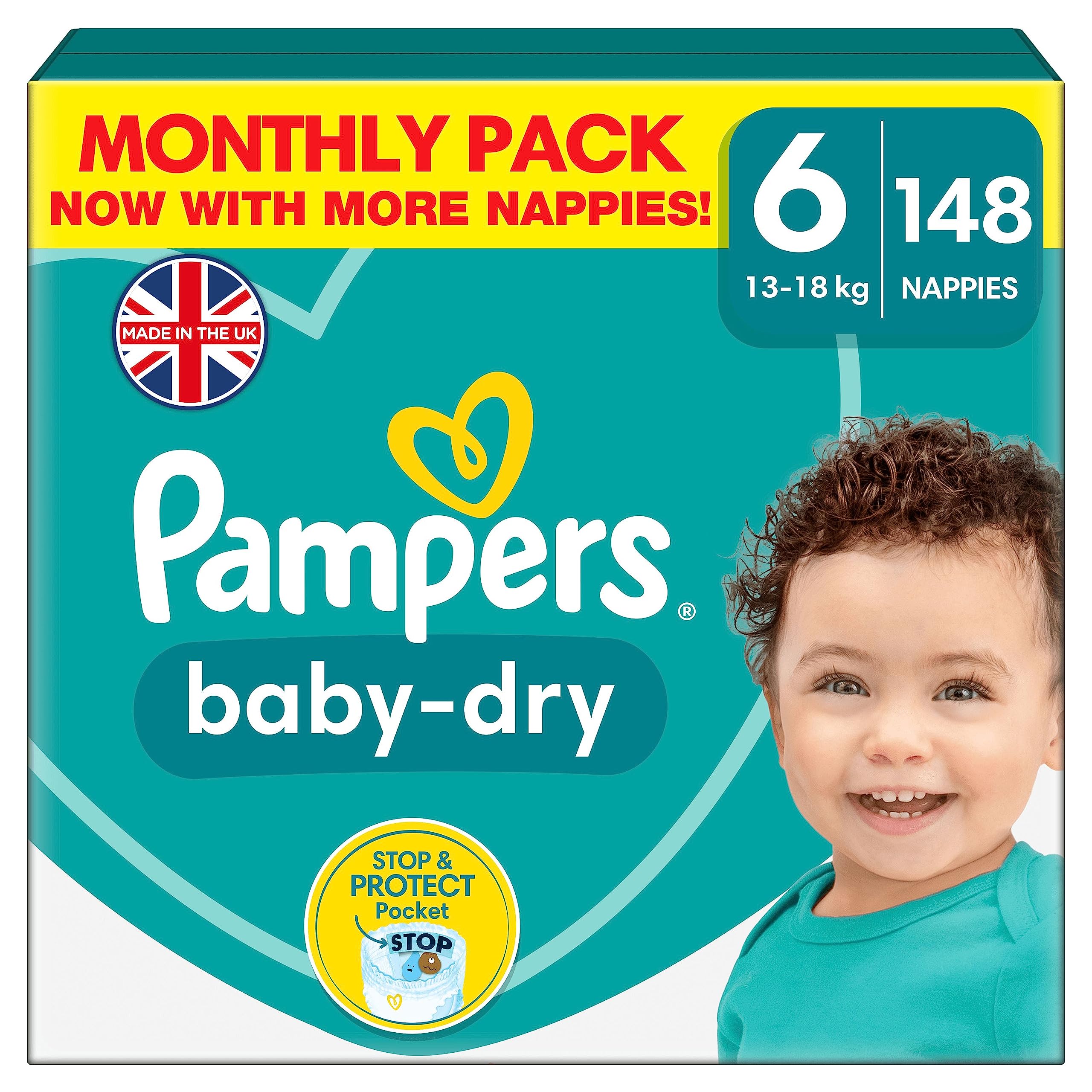 Pampers Baby-Dry Size 6, 148 Nappies, 13kg-18kg, With A Stop & Protect Pocket at the back for up to a 100 Percent Leak-Free Night