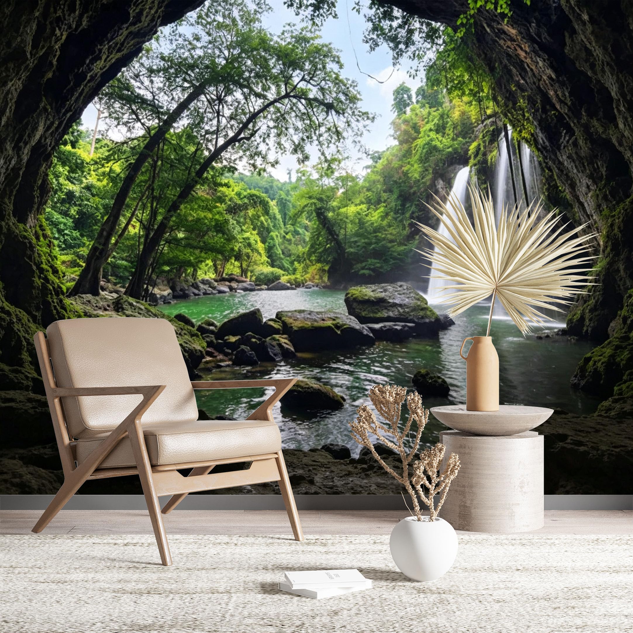 Custom Size Wall Murals Natural Waterfall Seen Through Cave Opening Wall Covering Fabric Self-Adhesive Wall Fabric (NO PVC) Removable Wallpaper for Living Room