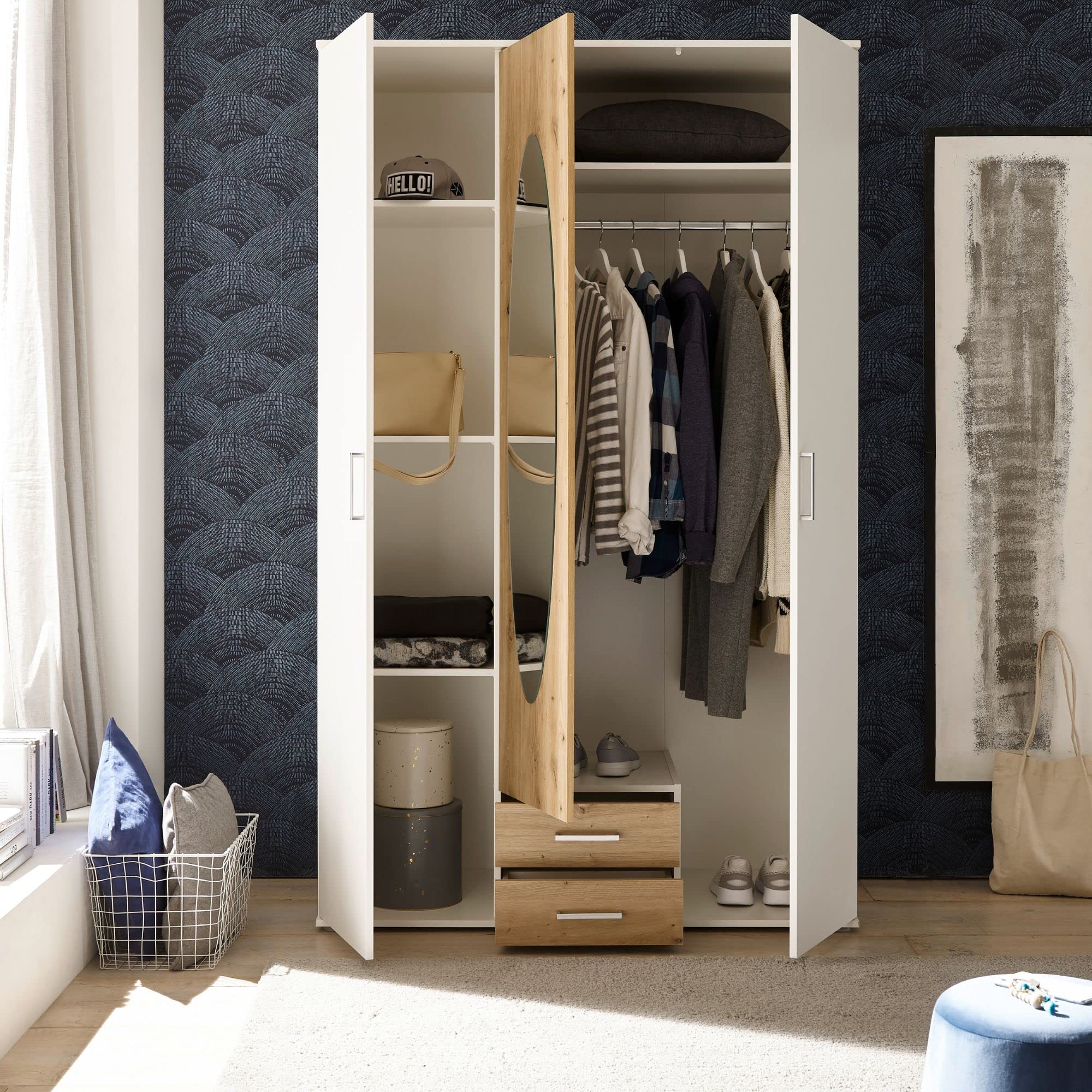 Stella Trading Kassel Espejo en Color, Aspecto Artesano, versátil Armario de 3 Puertas giratorias para tu Dormitorio, Madera de ingeniería, Blanco Artisan Roble, 120 x 195 x 55 cm