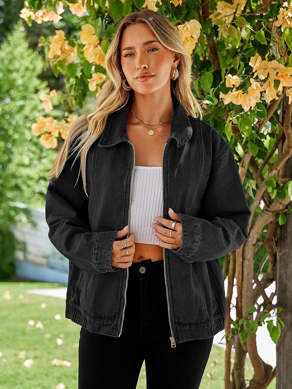 Glamaker Womens Denim Jacket Zip Up Spring Fall Casual Jean Jacket Relaxed Fit Classic Denim Coat - Image 2