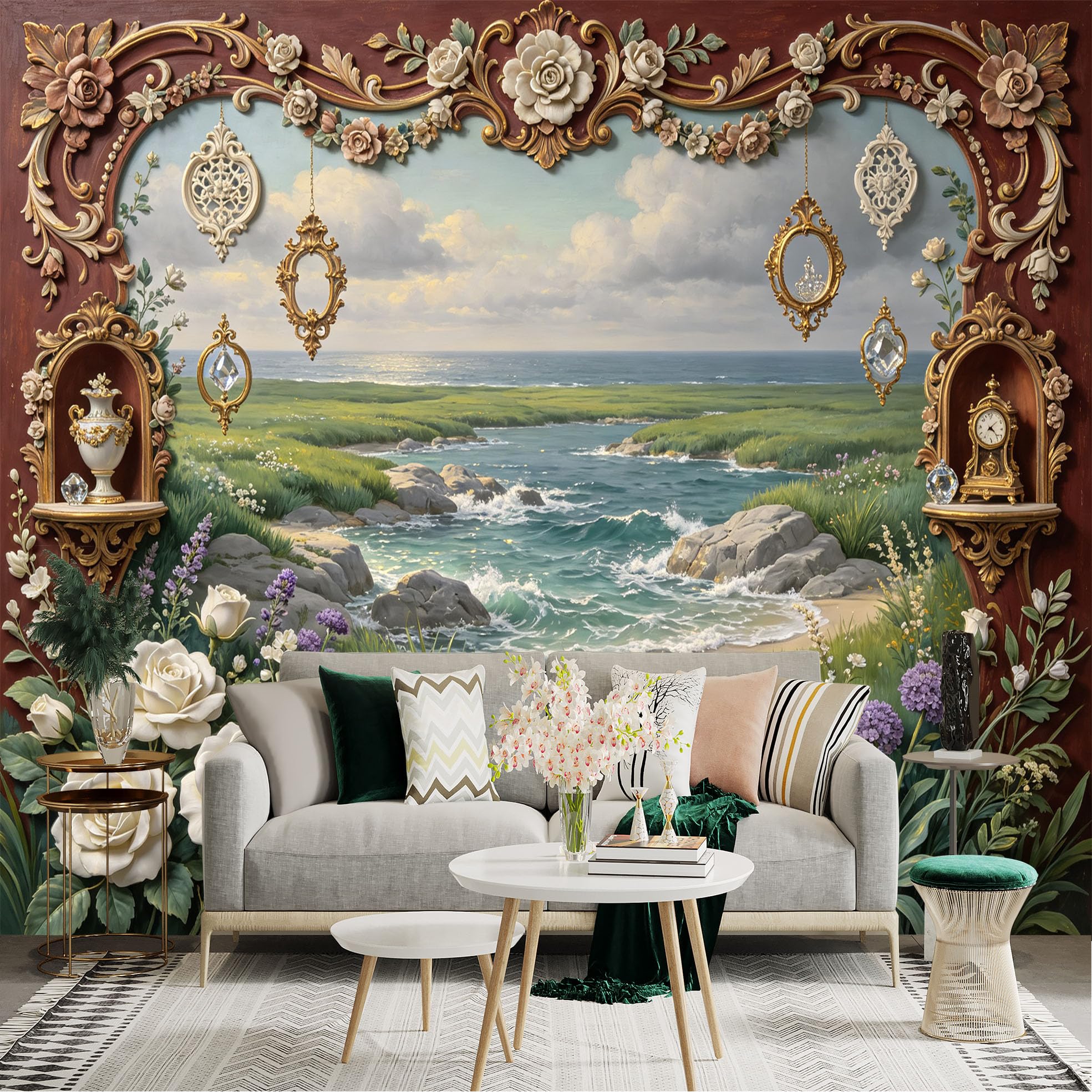 Lnzczhyre Bh260719145 Custom Size Wall Sticker Mural， Baroque Ornate Frame With Ocean Seascape， White Roses And Wildflowers， Vintage Home Decor， For Wall Decoration， Peelandstick Wall Decals.