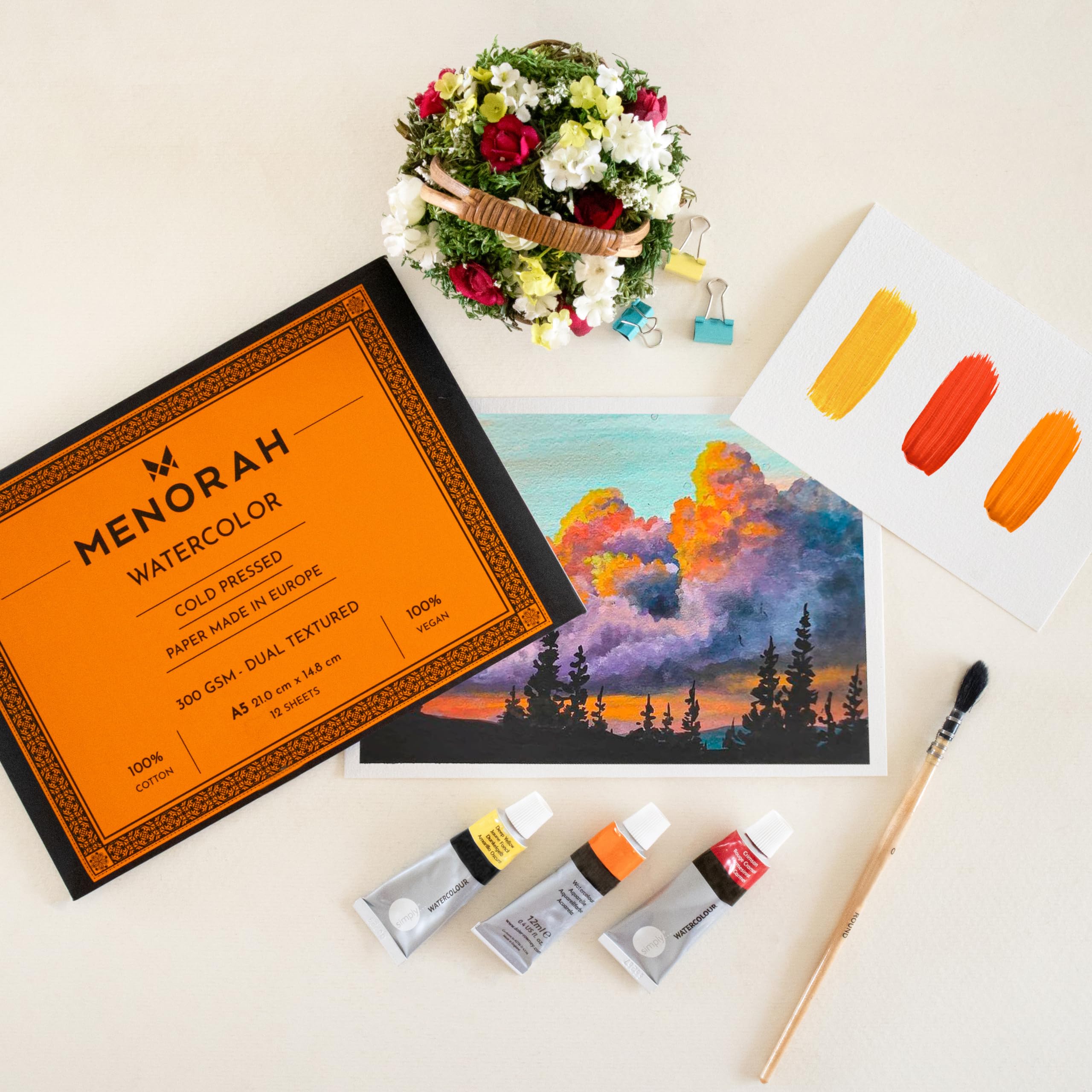 MENORAH – A5 – 100% Cotton Watercolor Sketchbook – 300 GSM - Dual Texture Water Color Paper Loose Sheets (14.8 cm x 21.0 cm)- (12 Sheets / 24 Pages)- Watercolour Artist Sketchbook