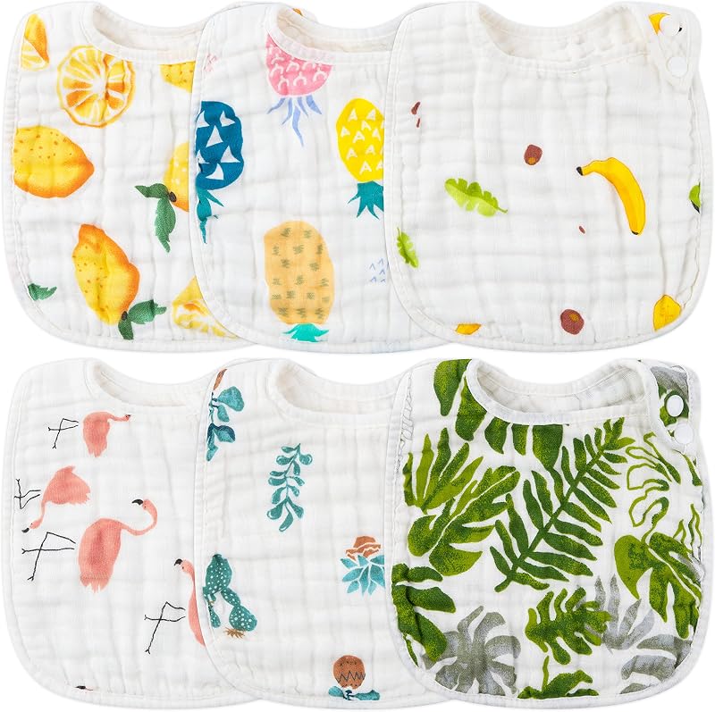 Zainpe 6 baberos de algodón de muselina a presión para bebé, babero de piña con hoja de flamenco y limón, con 6 capas absorbentes y suaves, lavable a máquina, paño para eructar ajustable para babear, comer y dentición