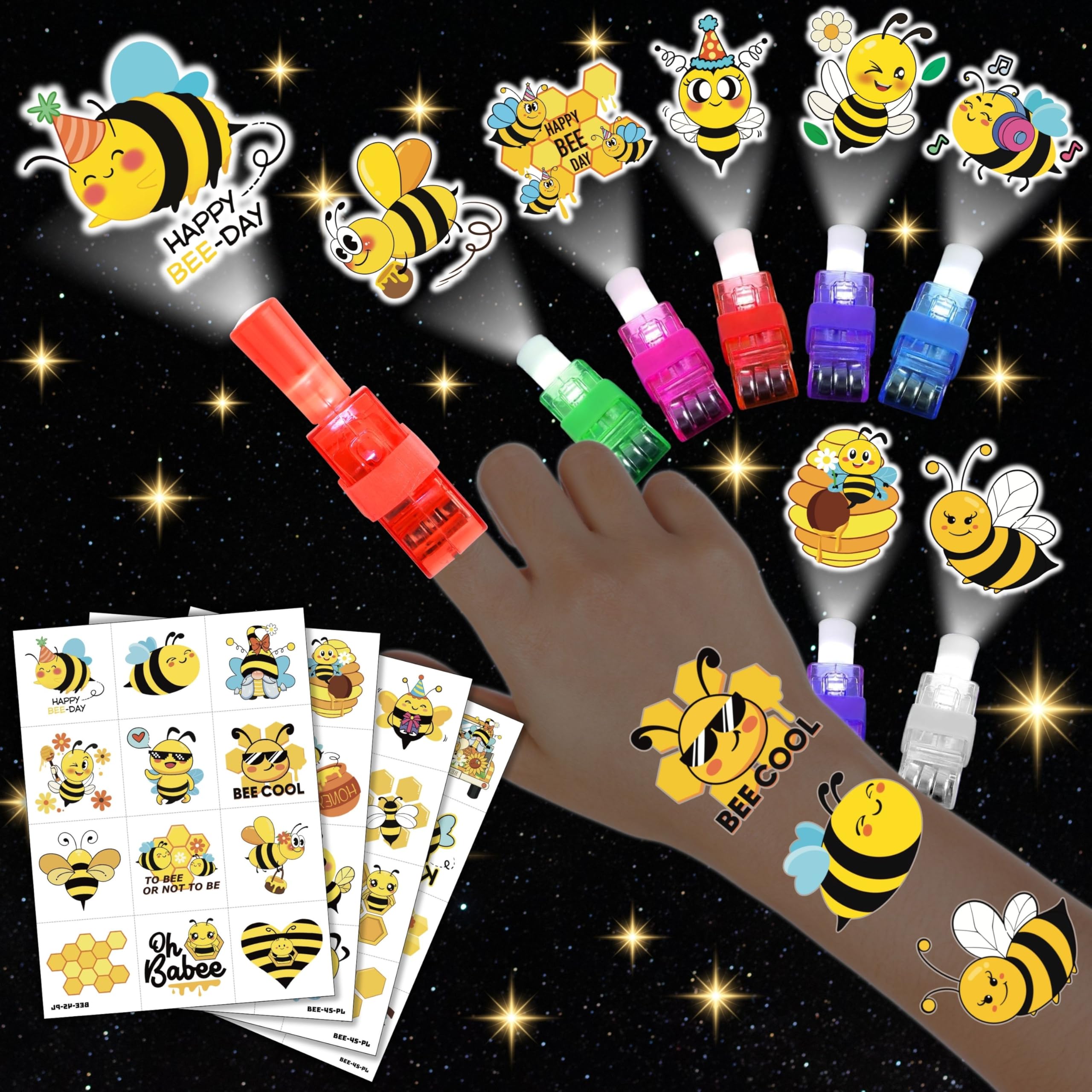 72 PCS Bee Party Favors – 48 PCS Luminous Tattoos & 24 PCS LED Finger Lights Combo – Birthday Goodie Bag Fillers, Party Supplies, Gifts Light Up Toys