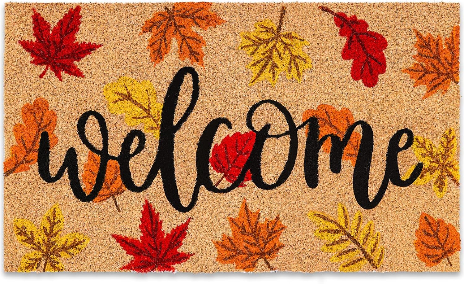 Fall Natural Coir Door Mat Maple Leaves Welcome Floor Mat Non-Slip Entrance Door Rug for Autumn Thanksgiving Indoor Outdoor Bathroom, 16.5 x 29.1in
