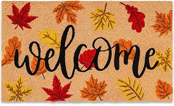 JarThenaAMCS Fall Natural Coir Door Mat Maple Leaves Welcome Floor Mat Non-Slip Entrance Door Rug for Autumn Thanksgiving Indoor Outdoor Bathroom Decor, 16.5 x 29.1 in