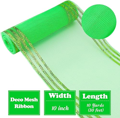 Miniatura 2 de HUIHUANG Cinta de malla decorativa verde lima de 10 pulgadas con borde de rayas metálicas para suministros de fabricación de coronas de Navidad,