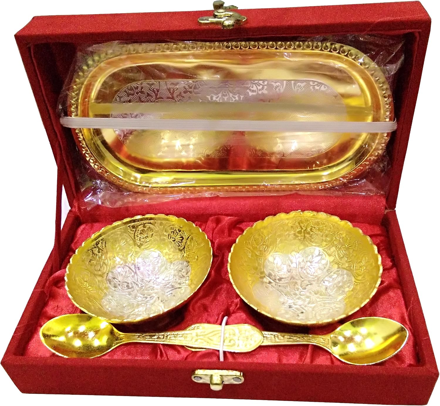 Prisha India Craft Gold & Silver Plated Serving Set 5pc Set of 2 Bowls, 2 Spoons, 1 Tray Oval Set Each Bowl Diameter 3.5" Inch with Velvet Box
