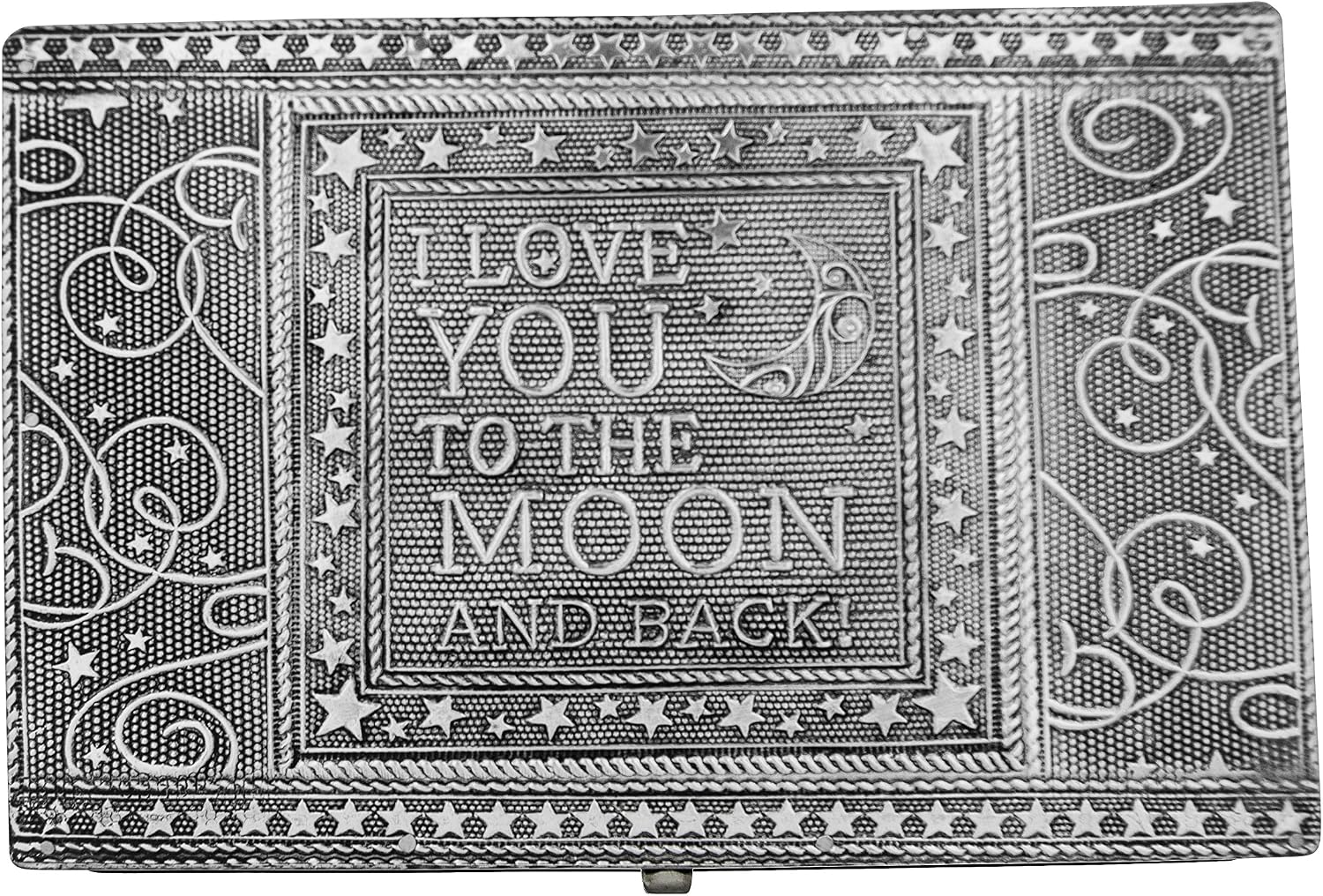 VGI Elegant Jewelry Box with Hammered Metal Cladding and Soft Fabric Interior (Love You to The Moon, Silver Finish)