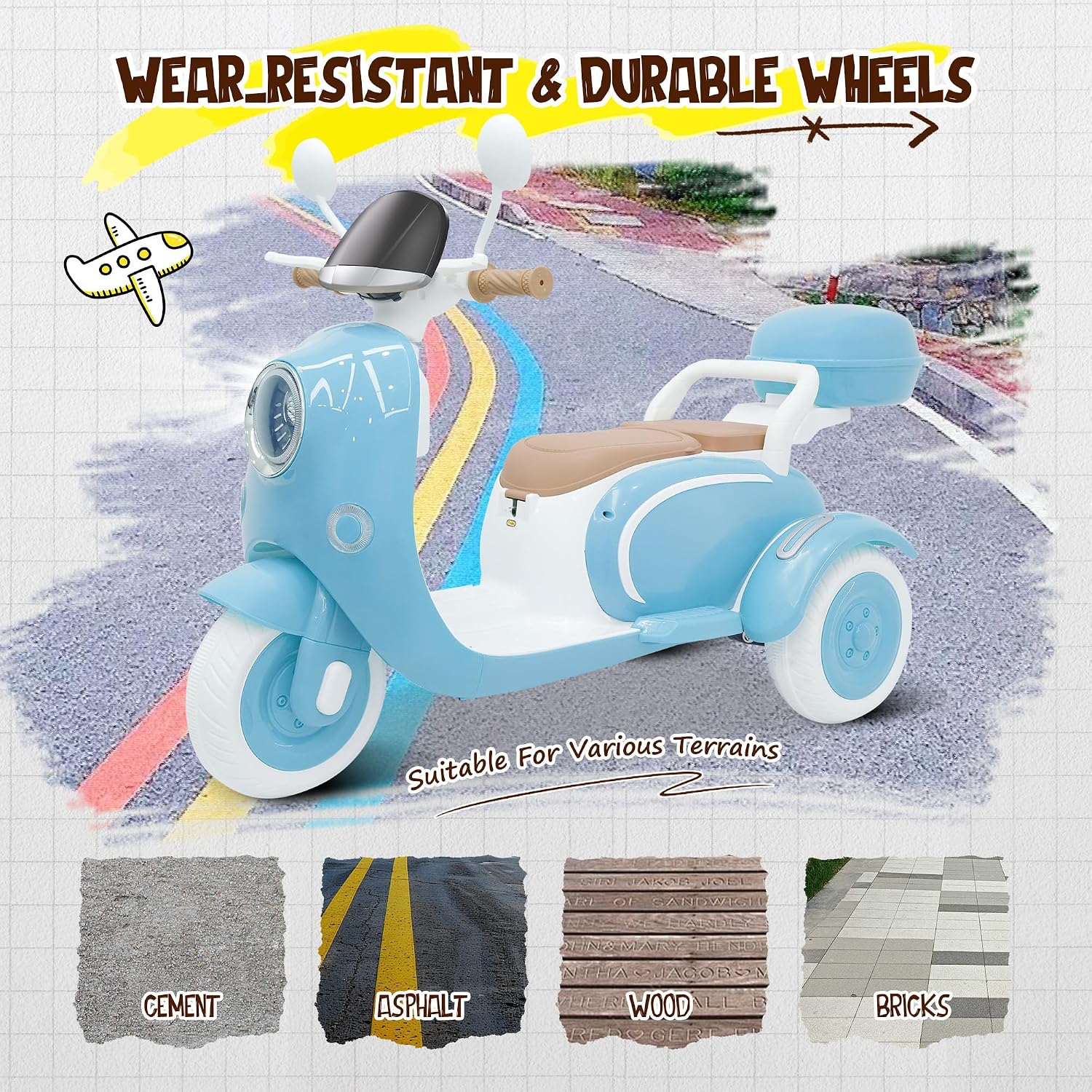 2 Seater Electric Kids Motorcycle with Remote Control, 3 Wheel 12V Ride on Motorcycle with USB, Music, Bluetooth, Light, Big Storage Box, 2×25W Motors Motorcycle for Kids 3-8 (Blue)