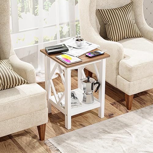 Miniatura 9 de Juego de 2 mesas auxiliares con estación de carga, mesa auxiliar con puertos USB y tomas, mesita de noche, mesa auxiliar de 2 niveles con estante de