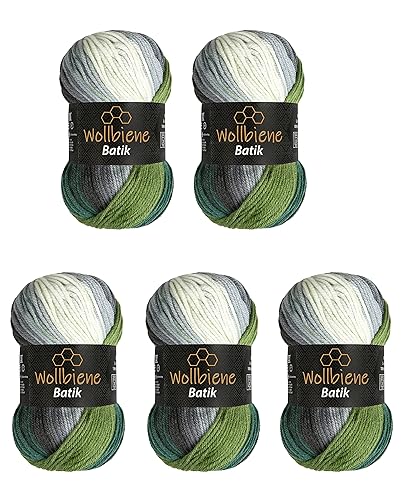 5 x 100 g Wollbiene Batik, 500 g Wool with Colour Gradient, Multicoloured, Knitting Wool, Crochet Wool (5700 Black, Grey, Green) - 5700 black grey green