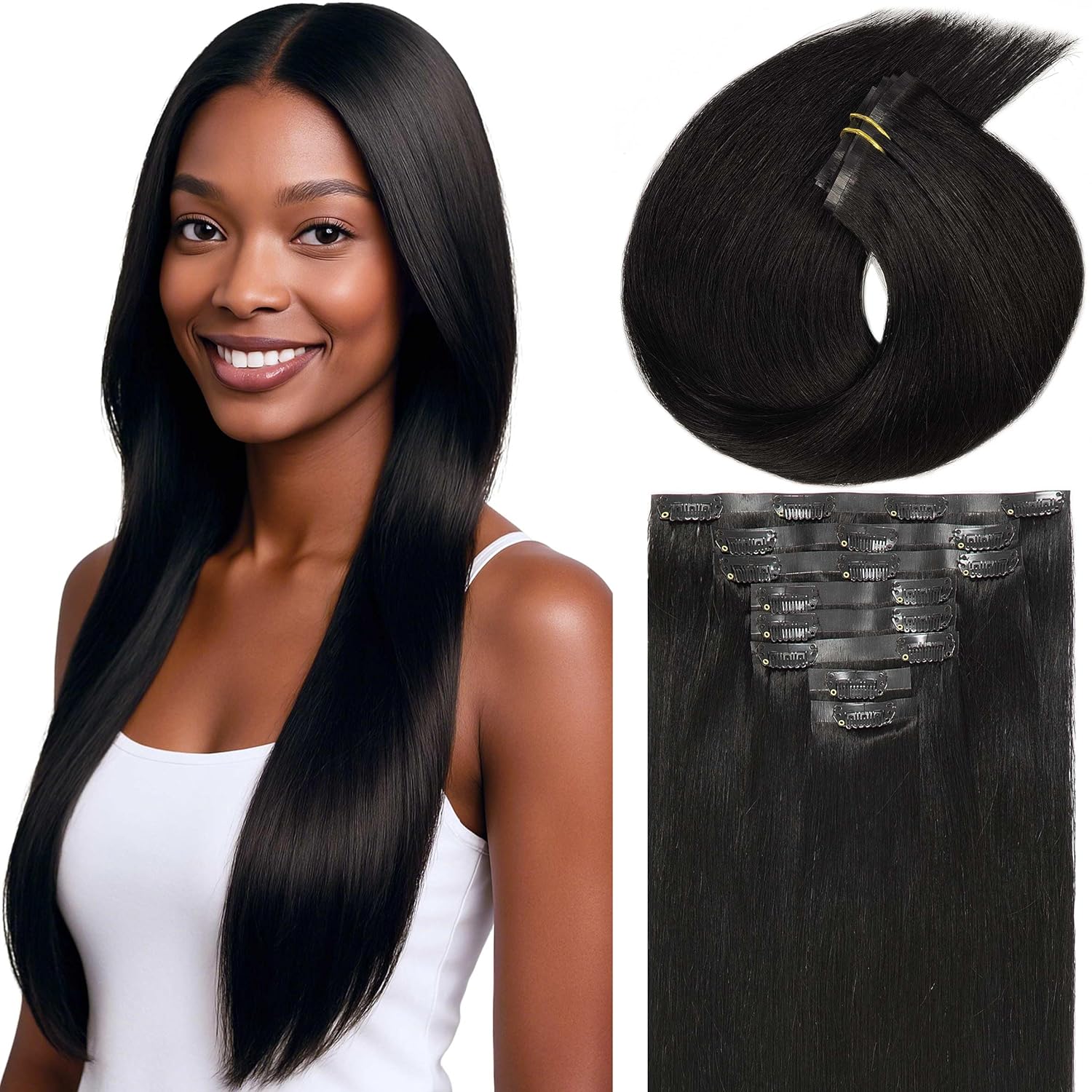 Anrosa Water Wave Human Hair Clip in Extensions - Natural Black 1B Double Weft Curly for Black Women - 14 Inch 120 Gram