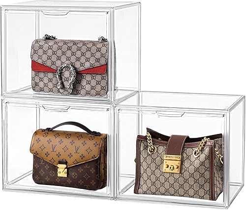 HBlife Paquete de 3 organizadores de almacenamiento de bolsos para armario, caja grande transparente apilable de bolsa con puerta magnética para