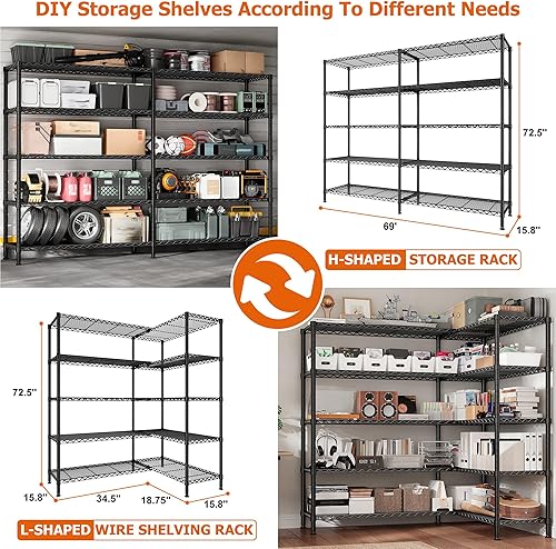 Miniatura 4 de REIBII Estantes de almacenamiento de 1600 libras, estantería de metal de 69.8 pulgadas de ancho, estantería de alambre de 5 niveles, estantes de