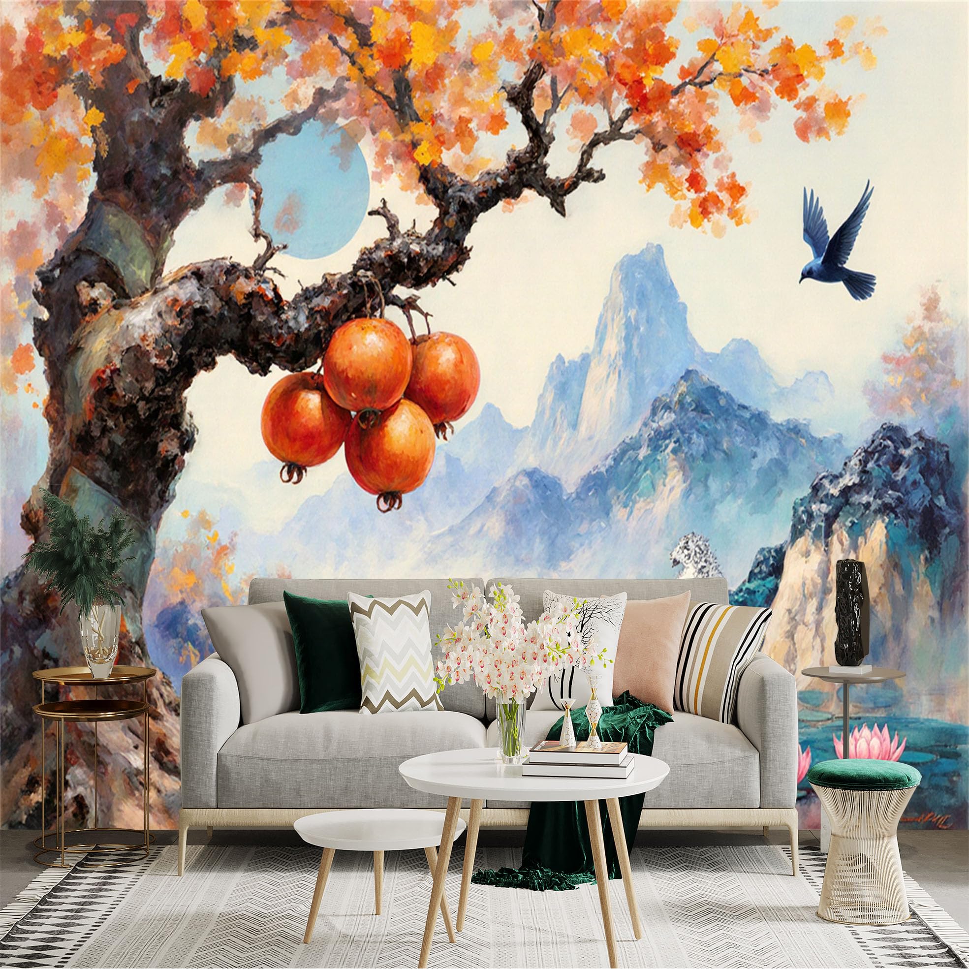Custom Size Wall Sticker Mural， Autumn Tree with Pomegranates， Mountains and Lotus Pond， Flying Bird Art， for wall Decoration， peelandstick wall Decals.