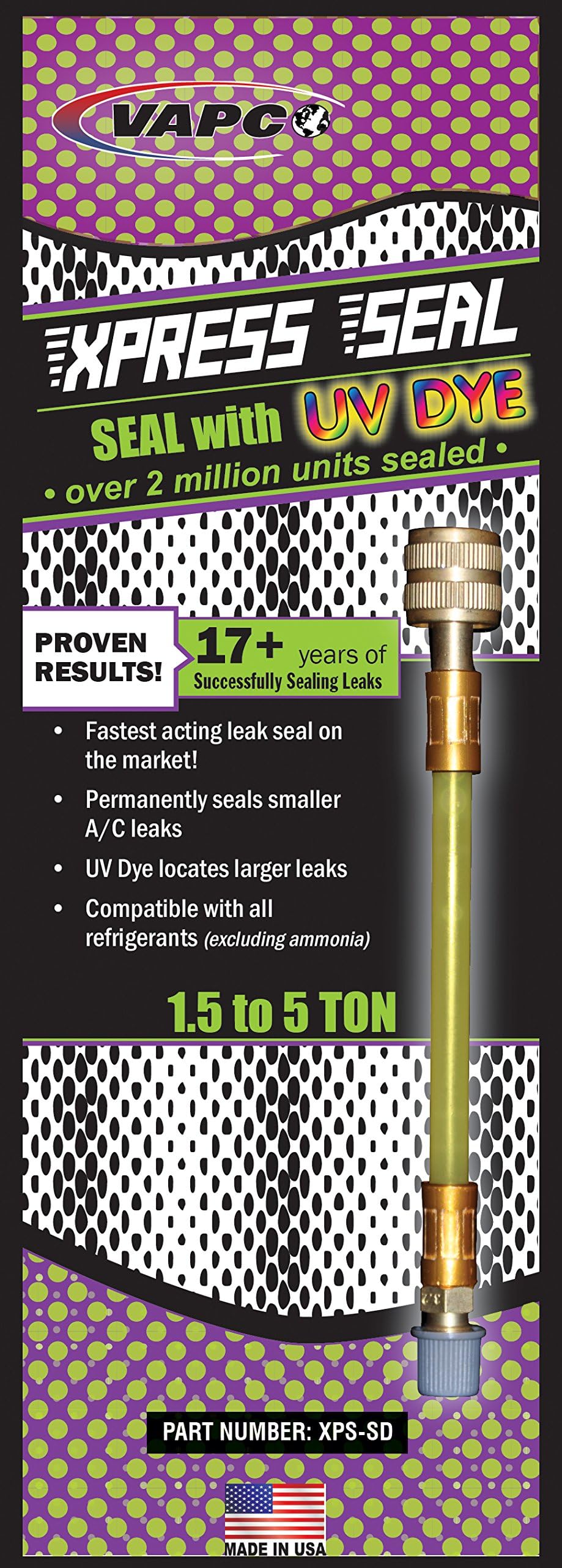 VAPCOXpress Seal & Dye - Professional A/C & Refrigeration sealant for Systems 1.5 to 5 tons. Made in USA & Over 2 Million Systems Sealed.
