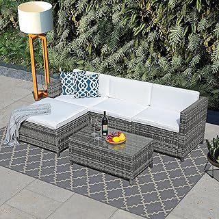 JOIVI Patio Furniture Sets, 5 Pieces All-Weather Outdoor Sectional Sofa Grey Wicker Rattan Patio Conversation Set with Ott...