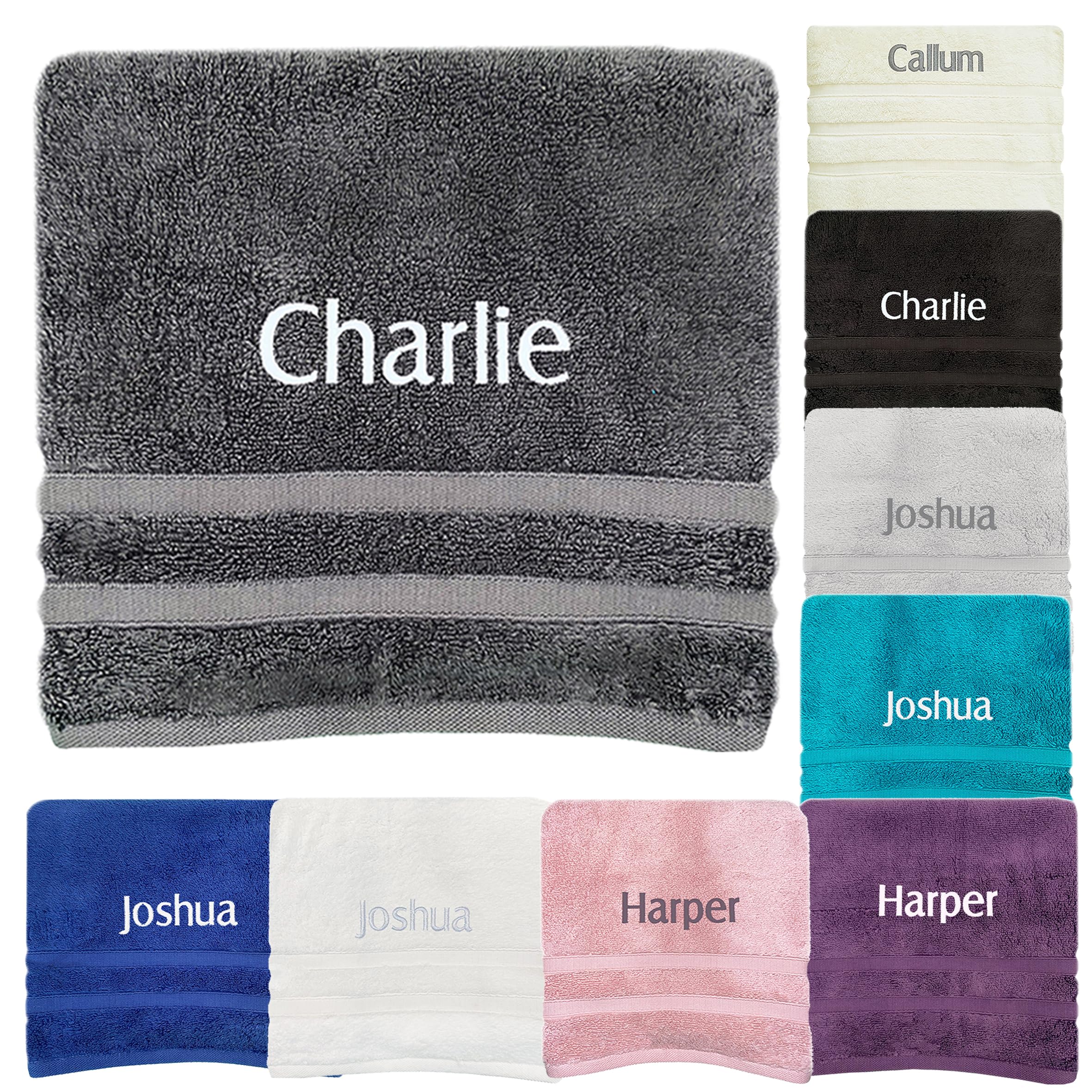 JJLC Personalised Bath Hand Towels Sets Embroidered Name (Bath Sheet, Dark Grey) — image 1