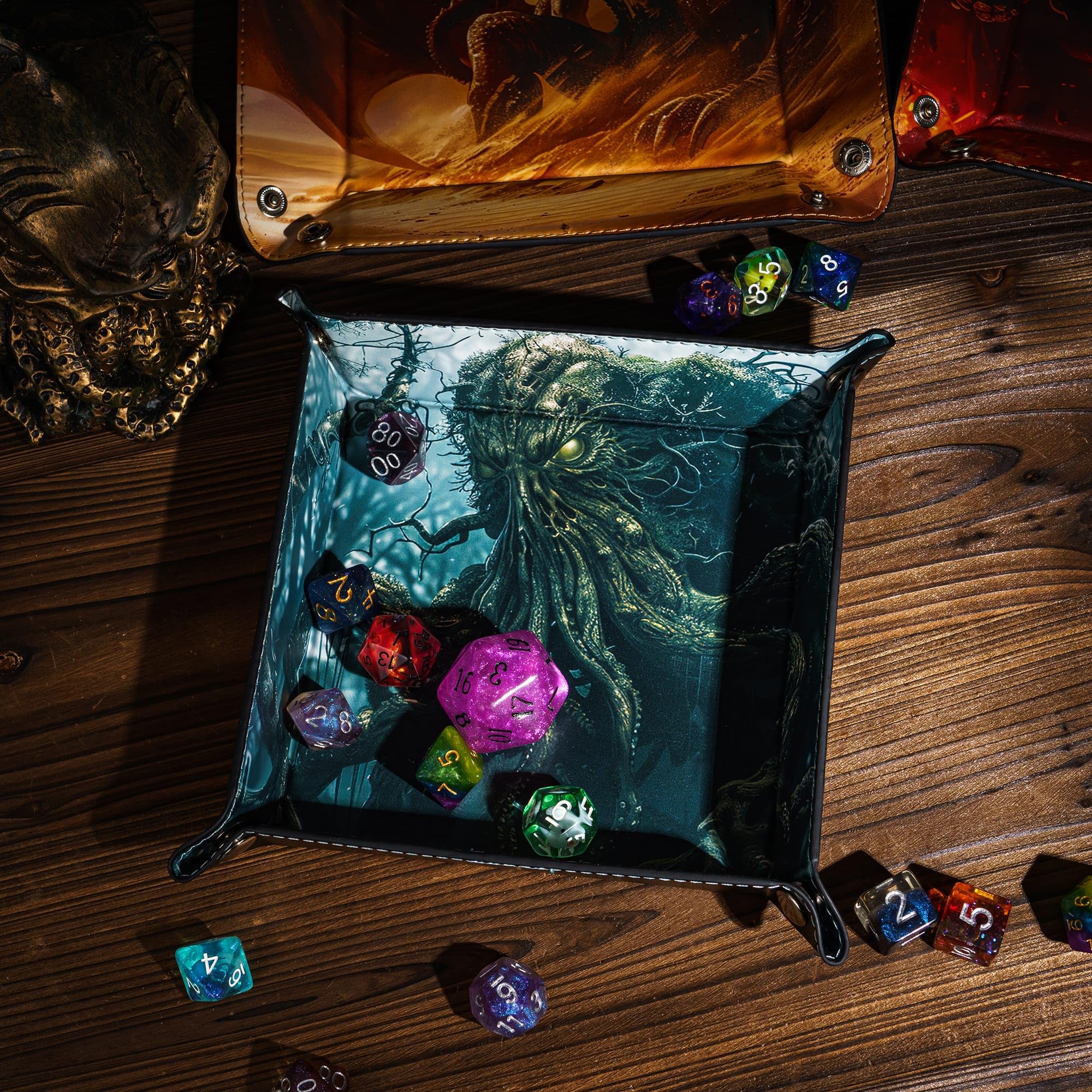 Cusdie PU Leather Dice Tray Square Tray for Dice Rolling and Storing Small Items - Cthulhu Design, Grey Cthulhu - Image 2