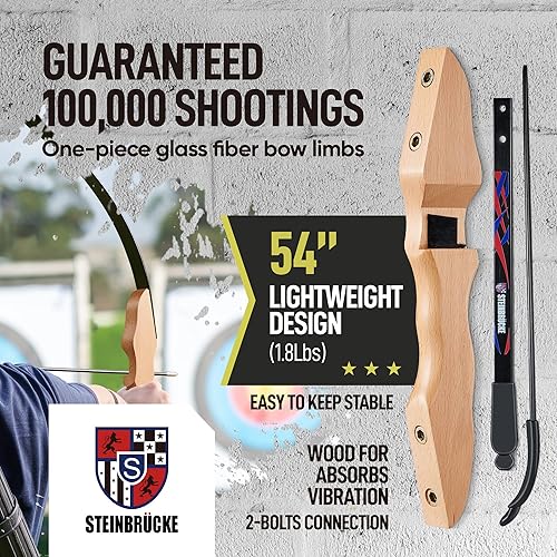 Miniatura 2 de Arco recurvo y flecha para adultos, arco recurvo tradicional de madera de 54 pulgadas con diseño ligero, arco diestro para adultos, jóvenes,