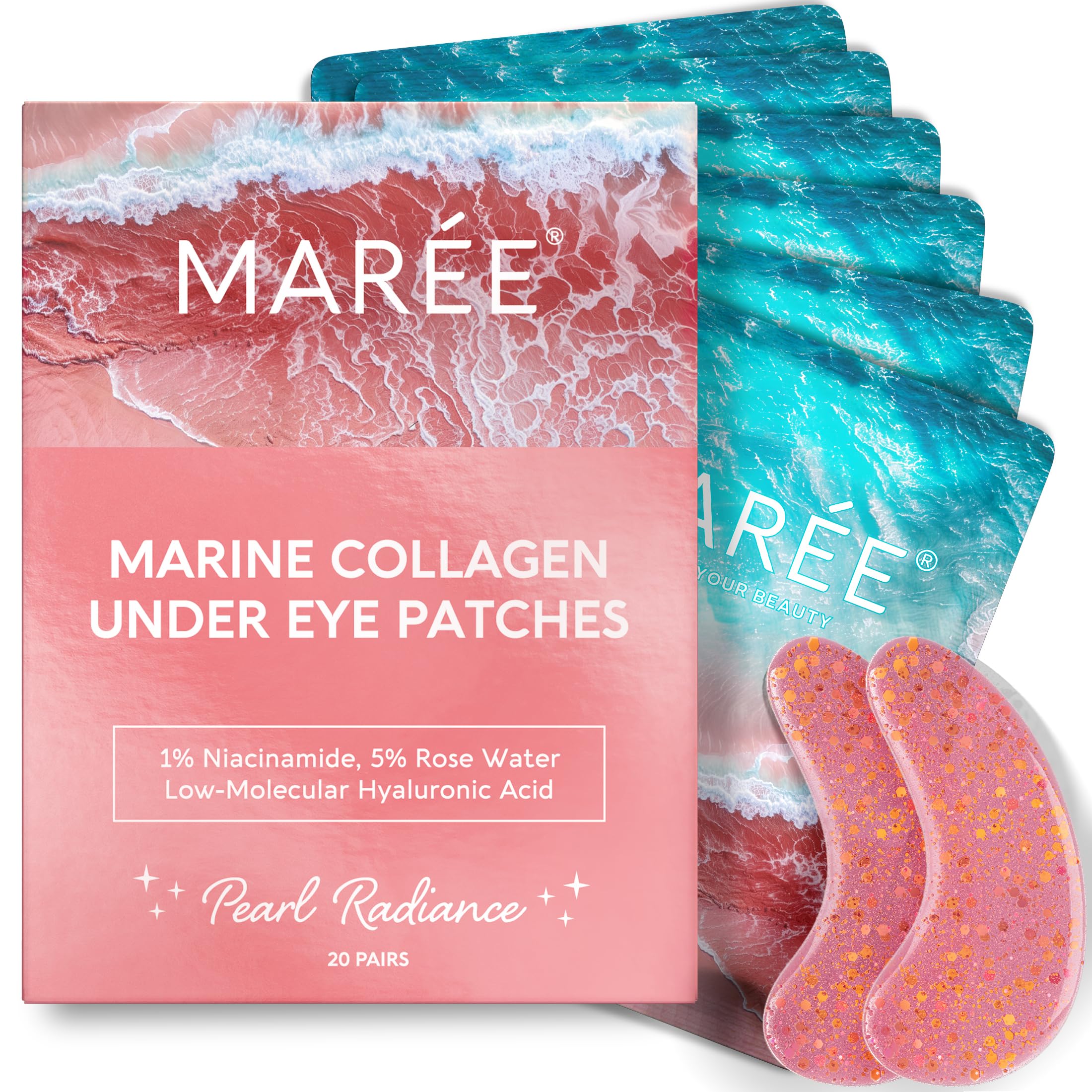 MAREE Pink Eye Gels - Marine Collagen Under Eye Patches for Puffy Eyes and Dark Circles - Undereye Mask Patches for Women - Hydrating Gel Eye Masks
