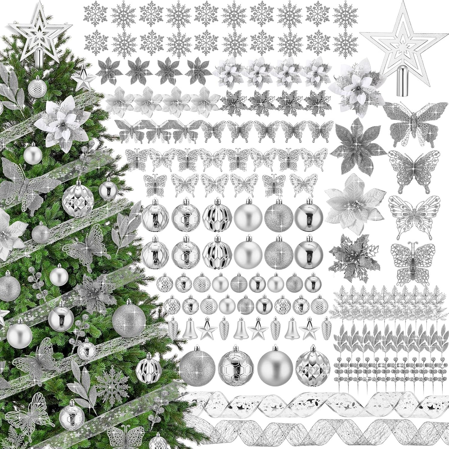 XunYee 143 Pcs Christmas Tree Decorations Set Shatterproof Christmas Ball Bell Star Pine Pone Ornaments Snowflake Butterfly Poinsettia Flower Decor Star Tree Topper Picks Xmas Ribbons(Silver)