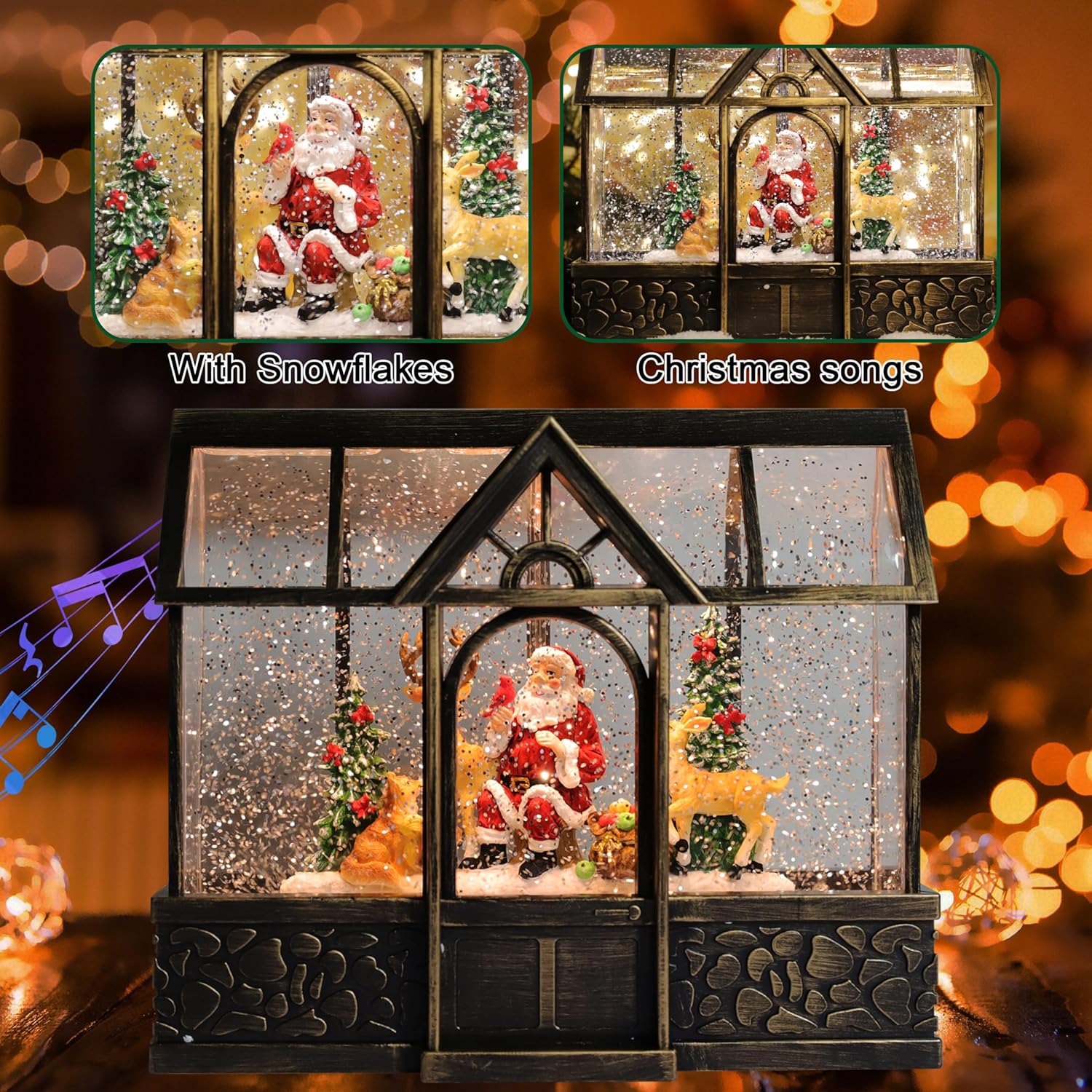 LAMPHOME Singing Battery Operated & Plug-in Musical Lighted Christmas Snow Spinning Water Glittering Snow Globe Lantern Home Decoration and Gift, Santa Claus