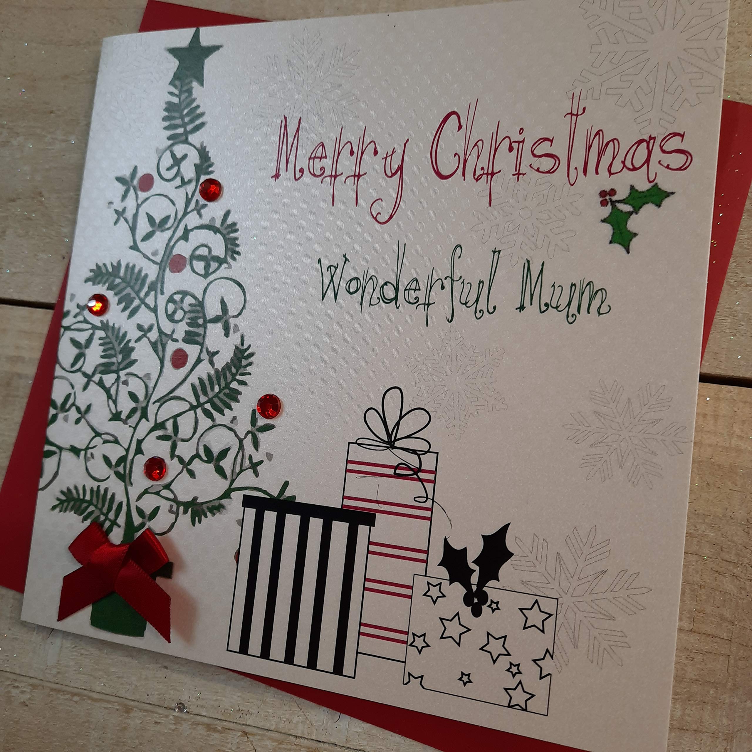 White Cotton Cards Weihnachtskarten – Handgefertigt Mit Glitzer, Strass, 16x16 Cm, Leer Innen, Inkl. Umschlag