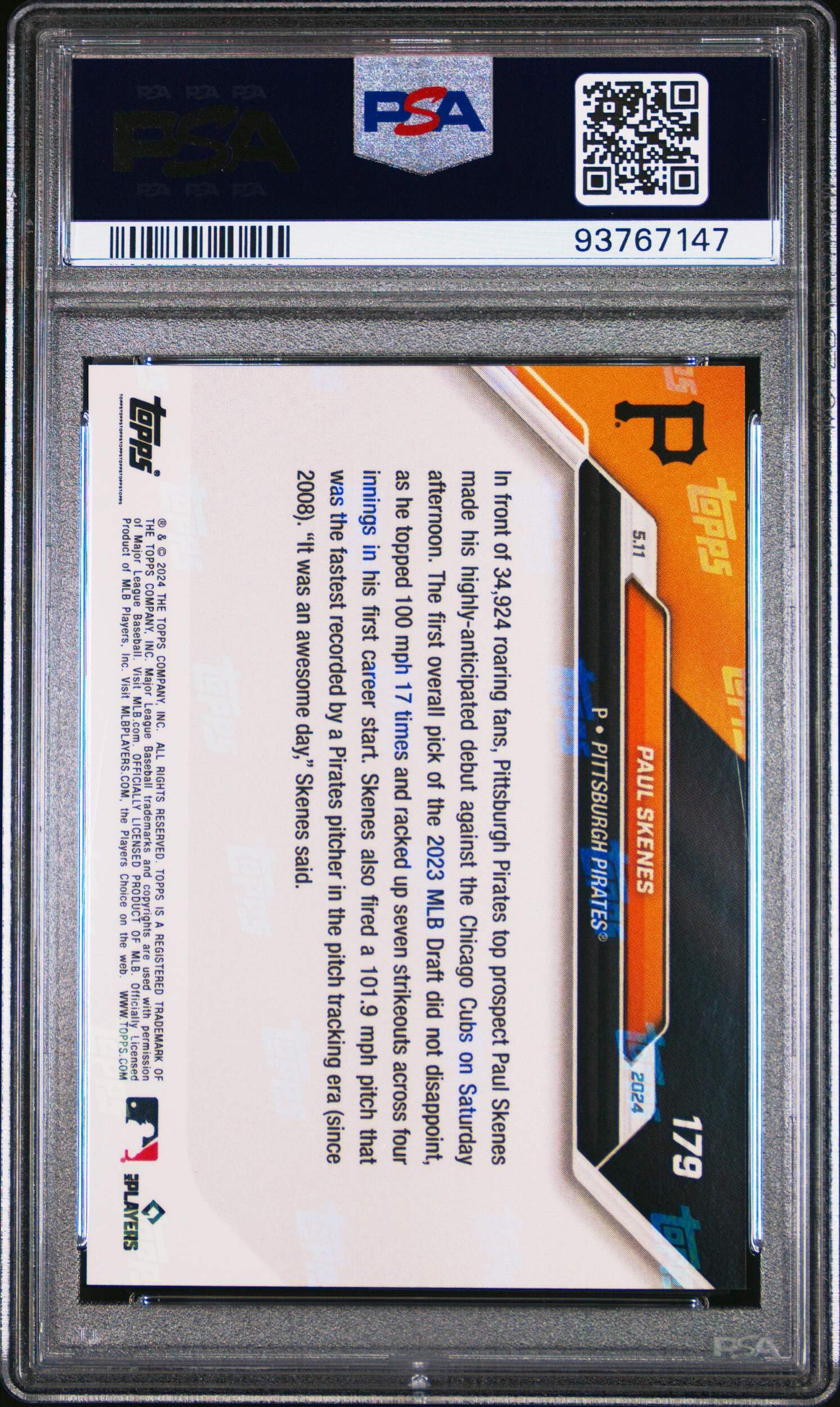 Graded 2024 Topps Now Paul Skenes #179 Major League Debut Rookie RC Baseball Card PSA 9 Mint