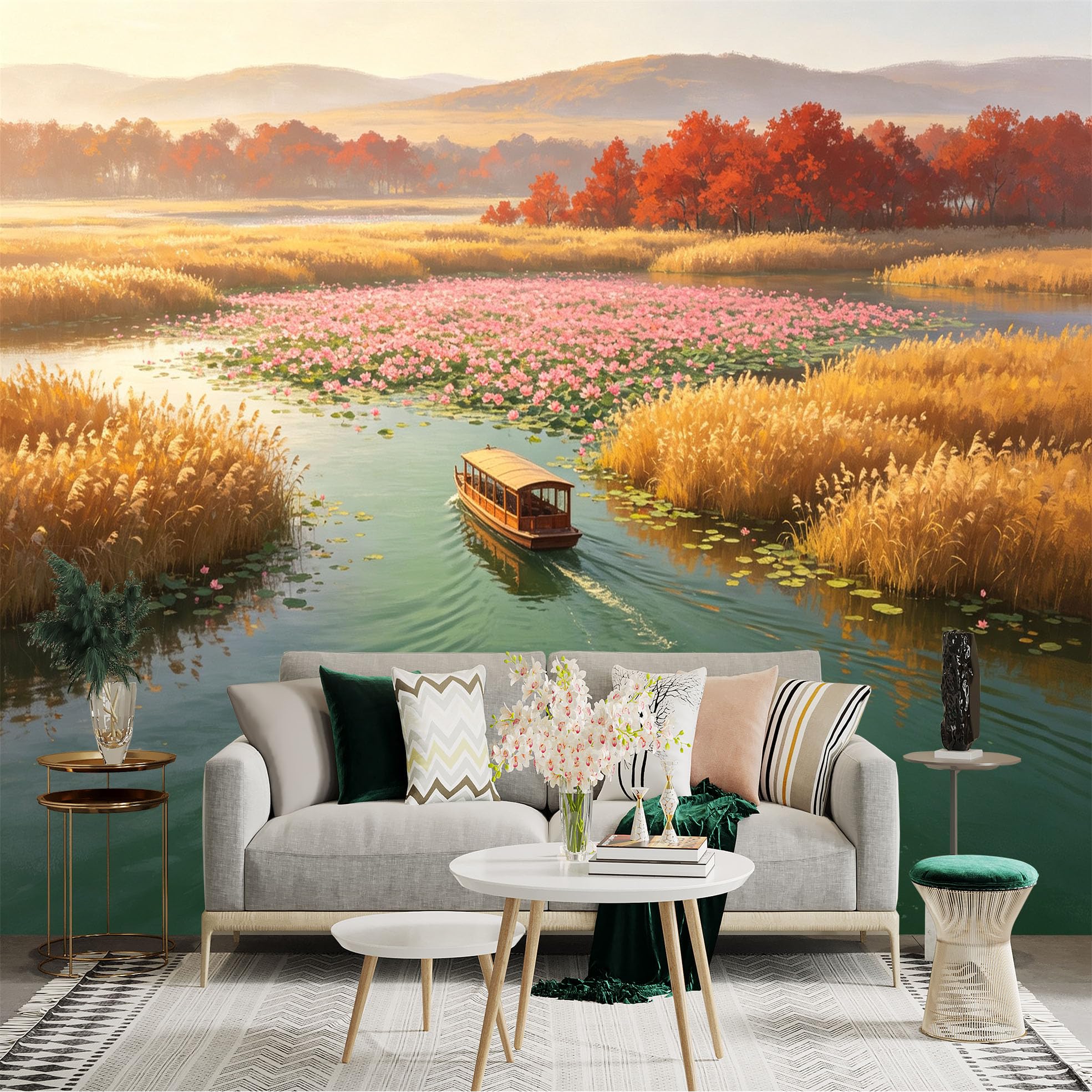 Custom Size Wall Sticker Mural， Peaceful Lake with Pink Lotus Flowers， Wooden Boat， Golden Autumn Scenery， for wall Decoration， peelandstick wall Decals.