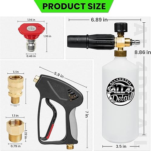 Miniatura 2 de ALL4DETAIL Cañón de espuma prémium con pistola de lavado a presión de 5000 PSI, pistola de lavado eléctrico con conector rápido de 14 pulgadas, 5