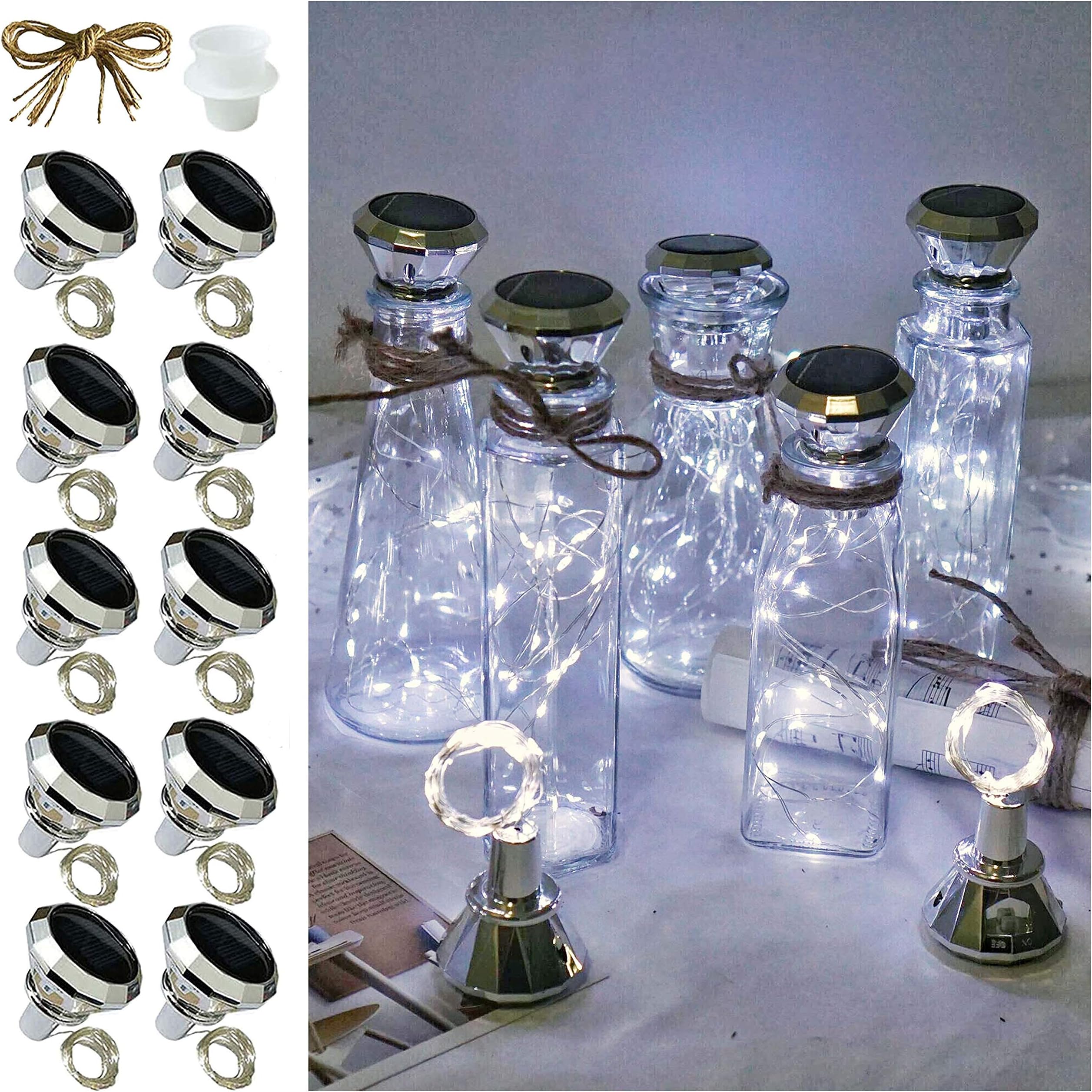 Solar Wine Bottle Lights, 10 Pack Diamond Cork Lights, 20 LED Outdoor Waterproof Fairy String Lights for Garden Wedding Patio（Cool White）