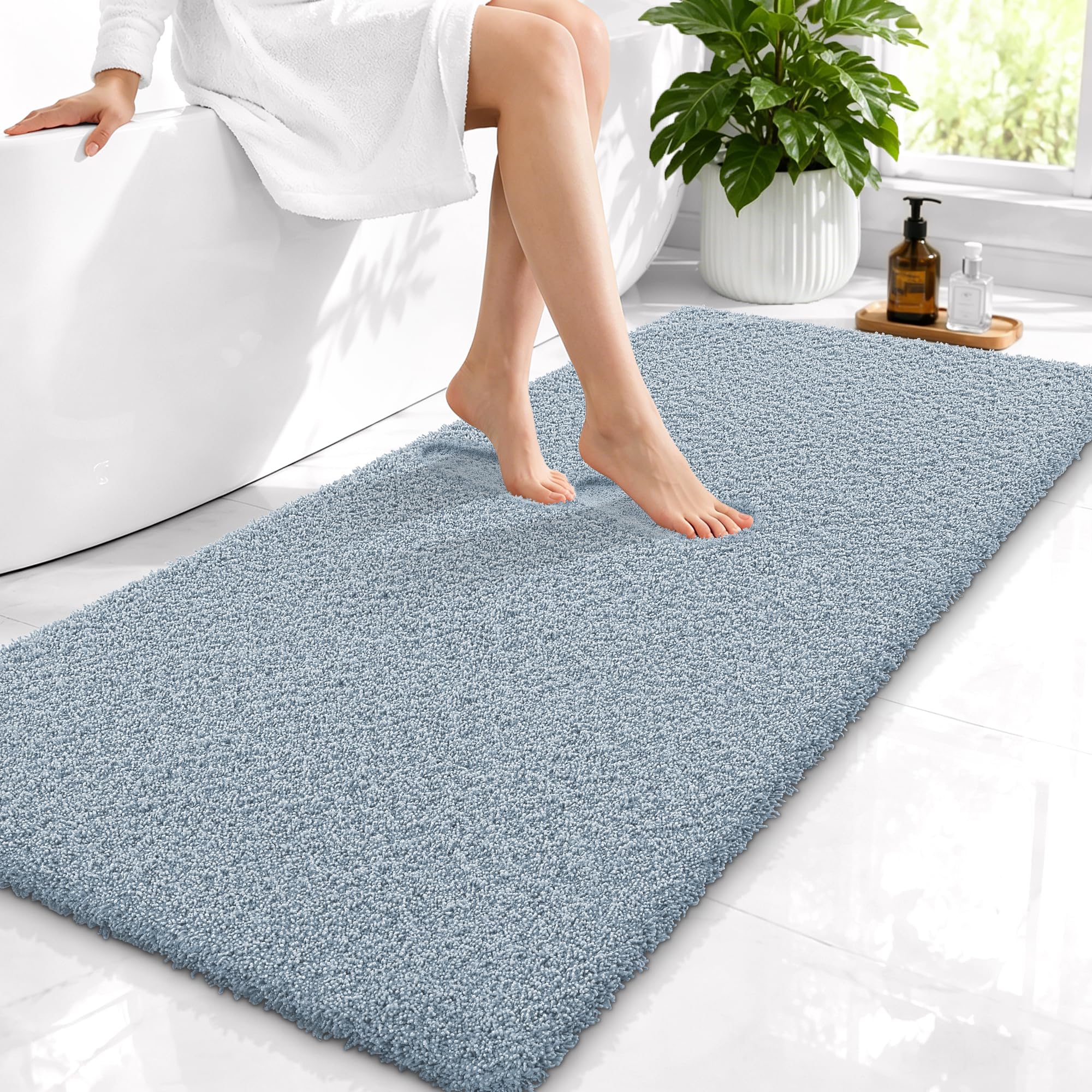 OLANLY Microfiber Bathroom Runner Rugs 47x24, Soft Bath Mat, Airy Blue