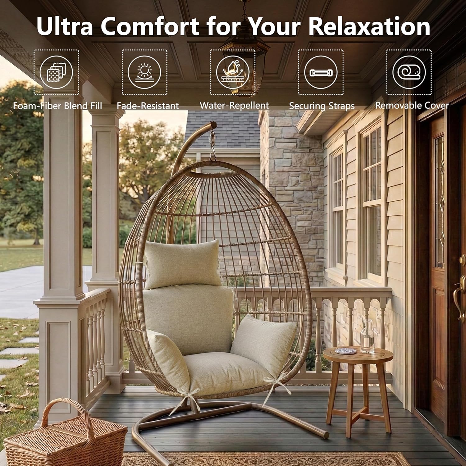 Egg Chair Cushion with 8 Securing Straps, Water-Repellent & Fade-Resistant Faux Linen, Removable Cover, Replacement Cushion for Most Single Outdoor Hanging Swing Egg Chairs – Nature