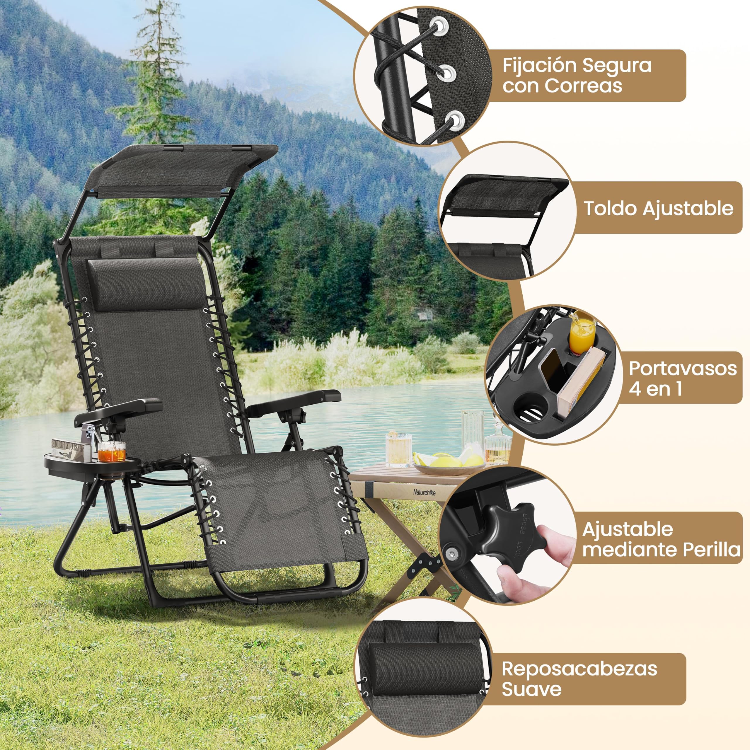 Yaheetech Liegestuhl Klappbar mit Sonnendach, Sonnenliege Verstellbar 90-160° mit Getränkehalter & Nackenkissen, für Garten,Camping & Balkon, Dunkelgrau