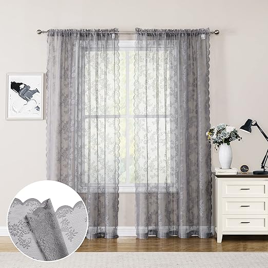 Lace Curtains 63 inch Length for KidsRoom Floral Knitted