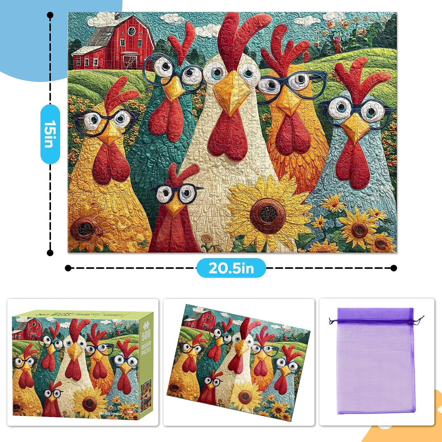 500 Piece Jigsaw Puzzle for Adults – Funny Chicken Farm Puzzle, Colorful Country Art 500 Pieces Puzzles for Teens Seniors, Challenging Puzzles Family Game Night, Animal Lover Gift, 20.5 x 15 Inch image 2
