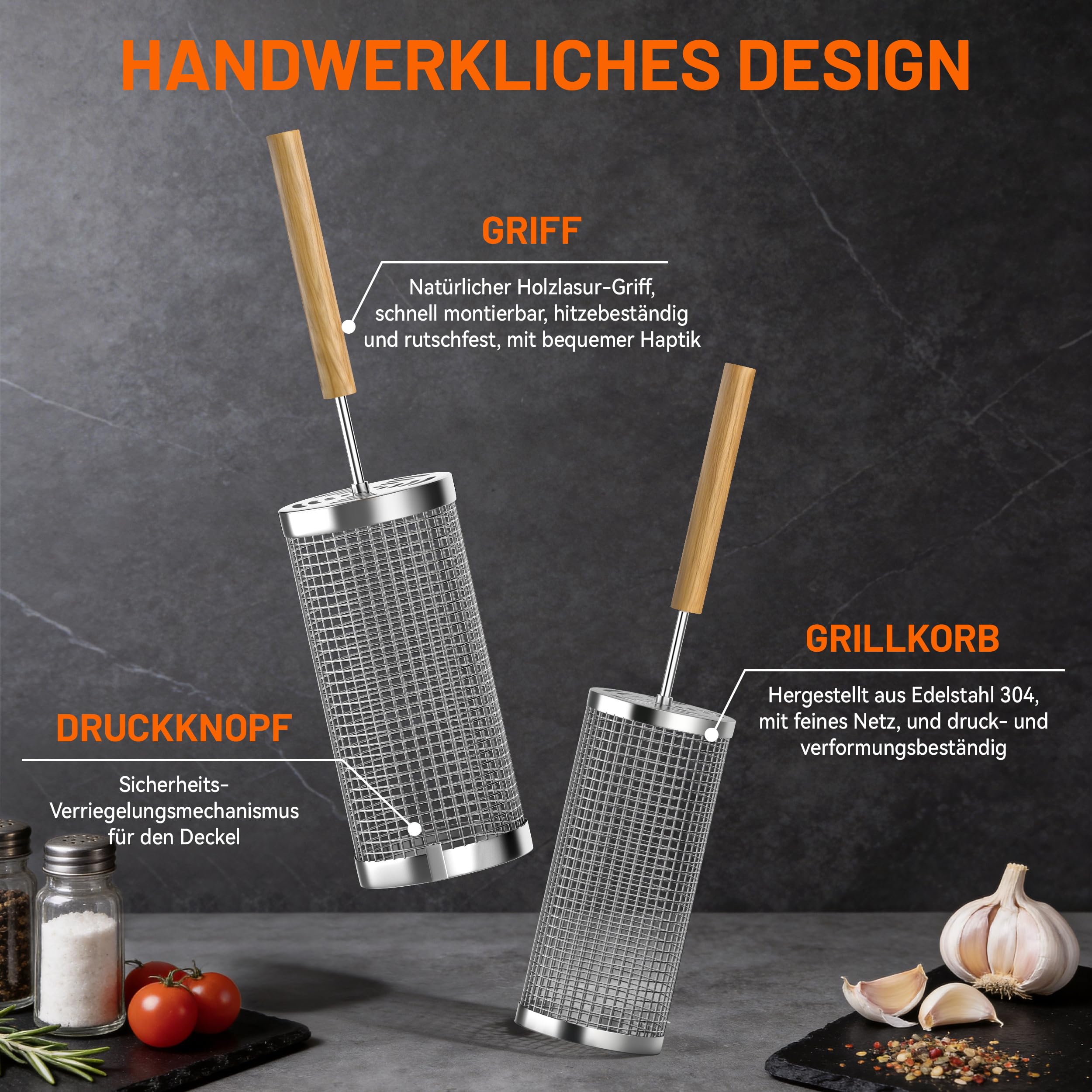 KEYO GRILL Rollender Grillkorb - 2 Stück Grillzubehör mit Abnehmbarem Holzgriff & 2 Korböffnern, Nestbares Grillnetz aus Edelstahl 304 für Gemüse, Geschenke für Männer