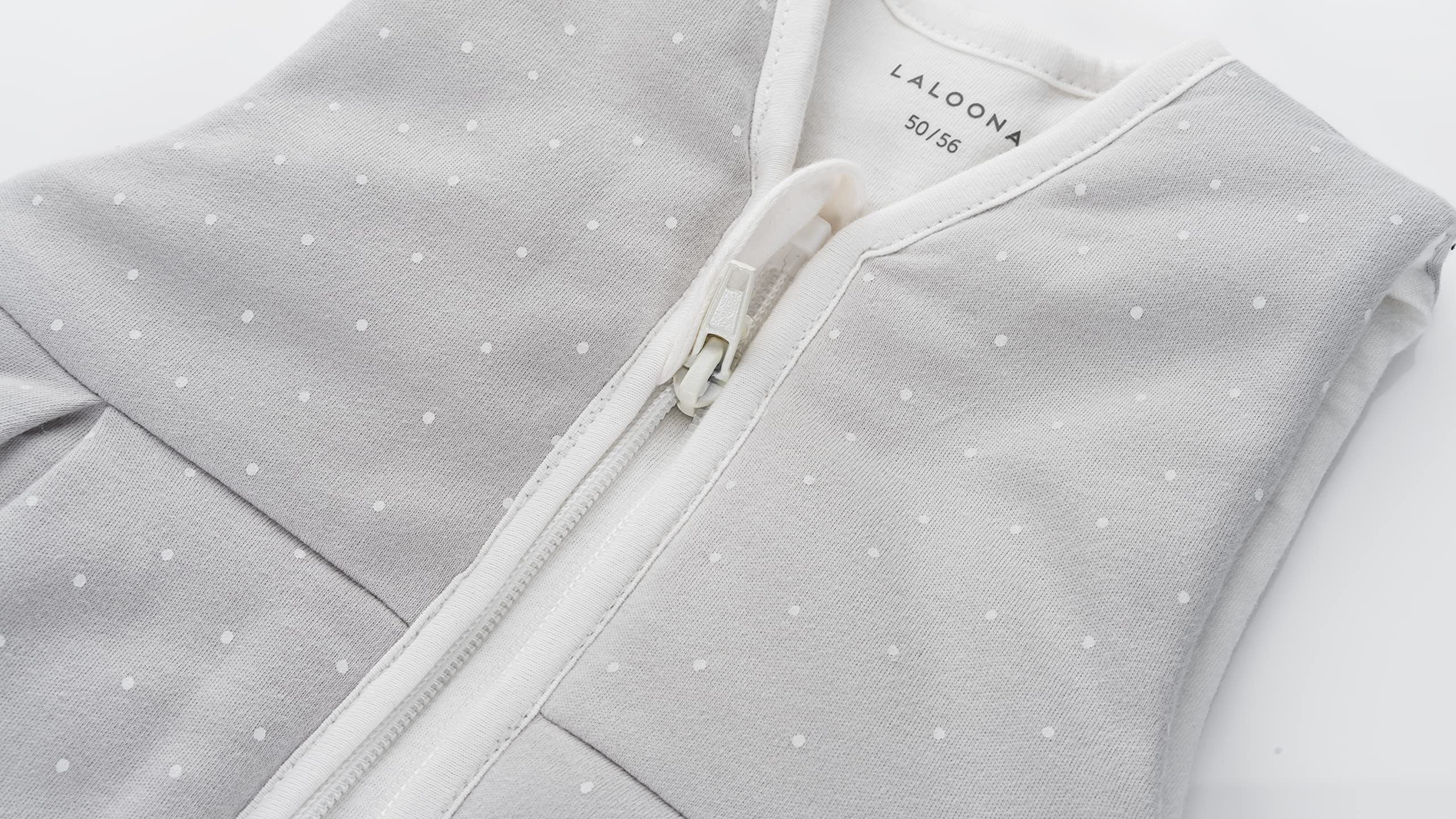 LaLoona Gigoteuse Bebe 4 Saisons (2 Pièces) - Turbulette Intérieur à Manches Longues (0,5-3,5 TOG), Testé OEKO-TEX® Standard 100, Coton - Gris Blanc Pois