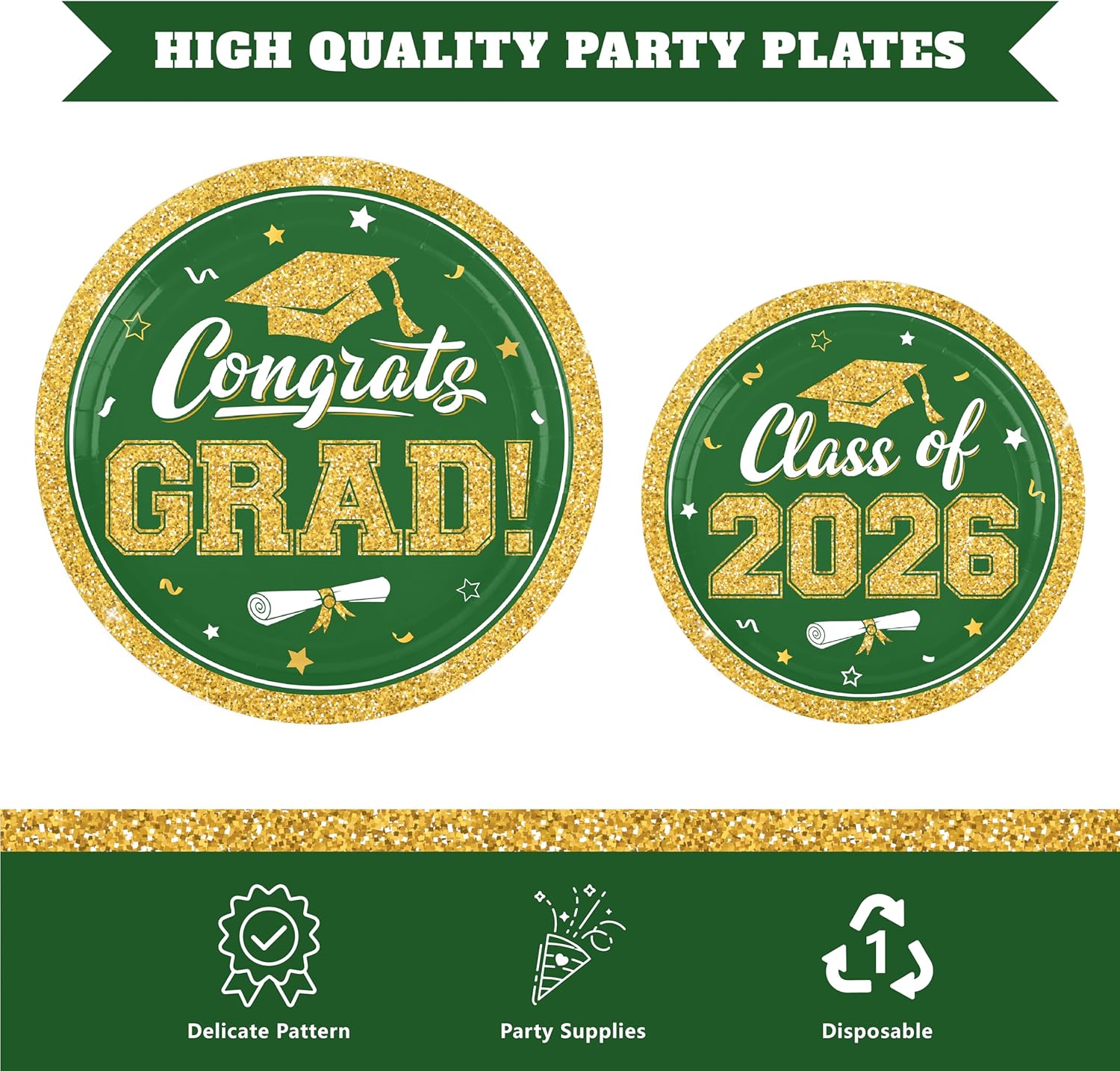 Green and Gold Graduation Decorations 2026,200Pcs Green Graduation Plates and Napkins,Forks,Congrats Grad Plates for Class of 2026 Graduation Party Supplies,Serve 50